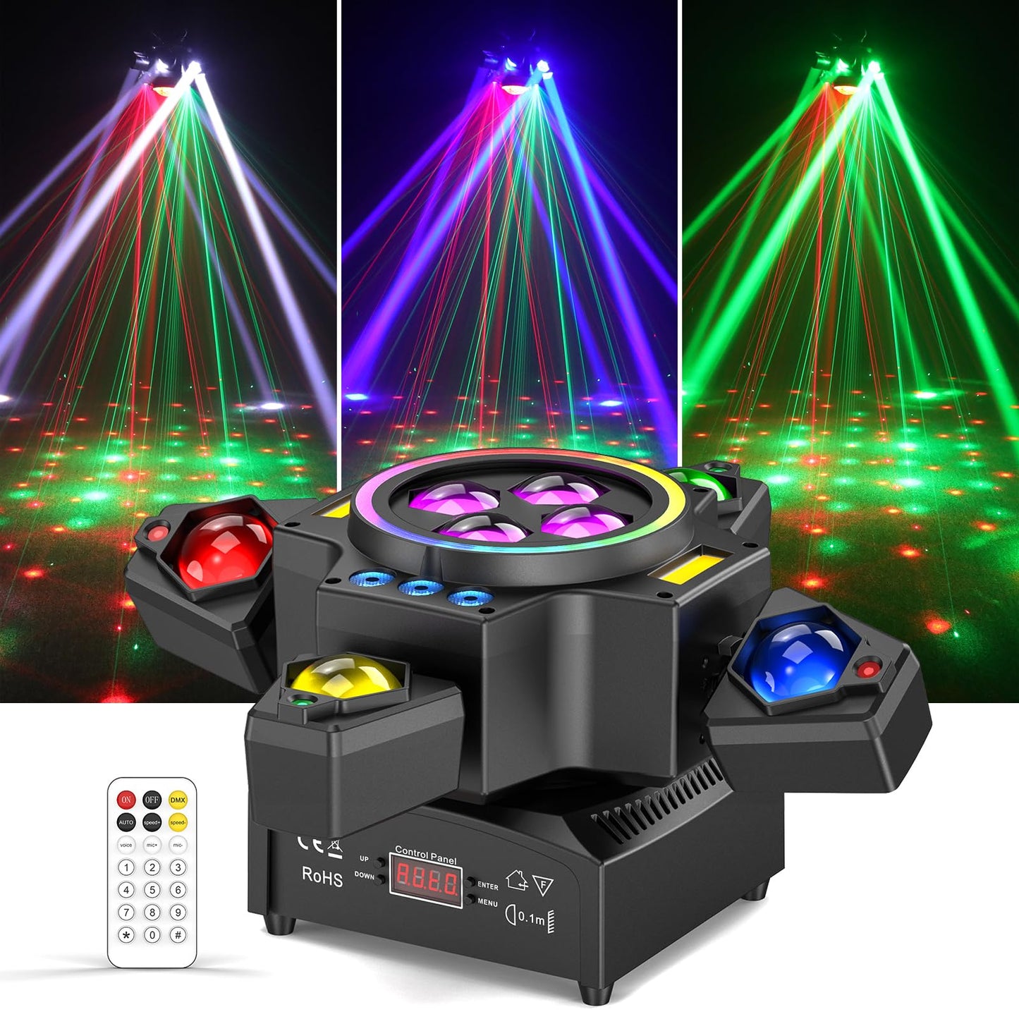 120W Stage Moving Head Light,4 Arms RGBW 4-in-1 Stage Lighting Beam/Wash/Red Green Starry Sky Golden Strobe RGB Halo Effect Light,Sound-Active/DMX/Remote Control for Party Club Stage Show