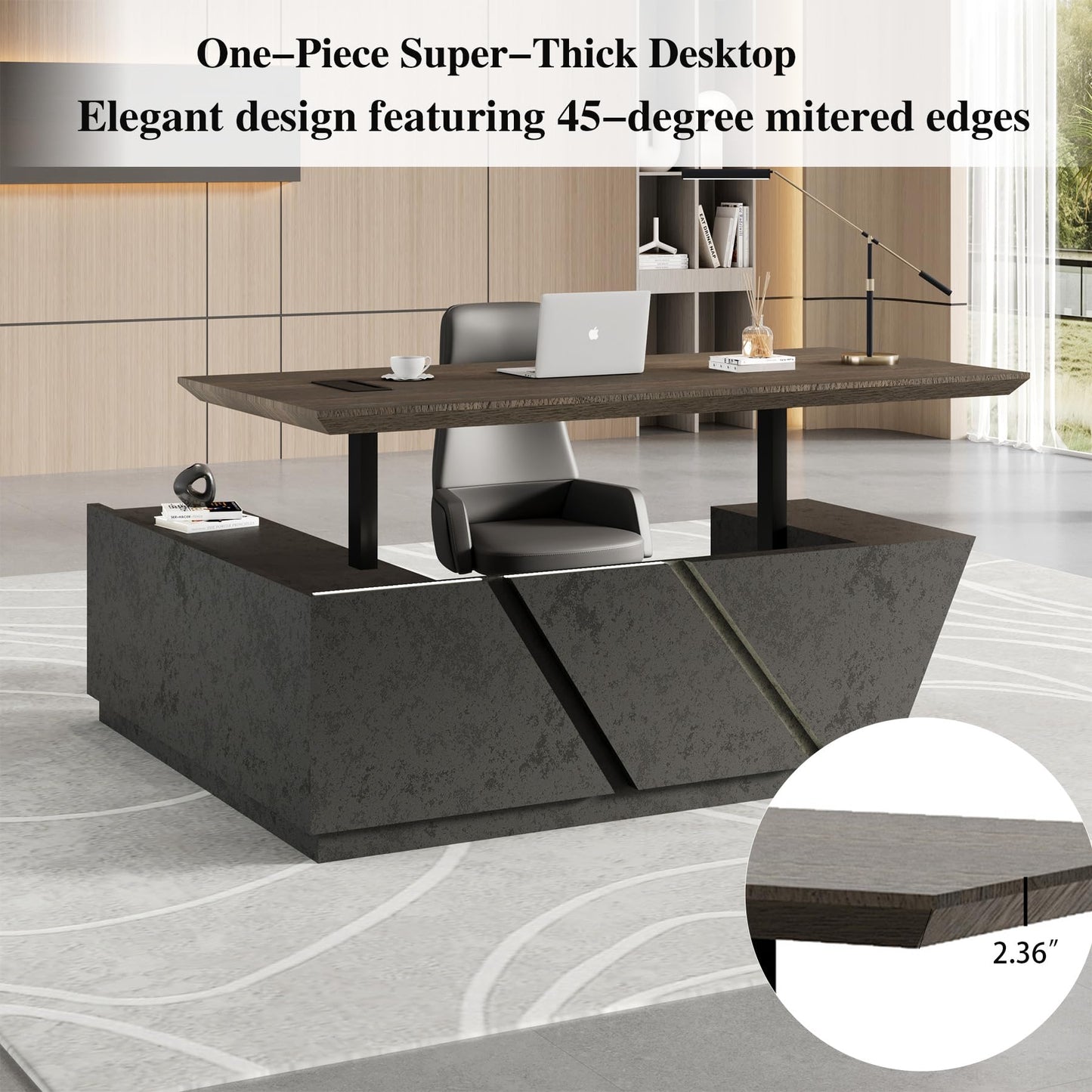 SAINTCY Adjustable Executive Desk - Luxury L Shaped Desk with Drawers, Large Table with File Cabinets, Executive Office Desks with LED Light Strip Home Office Desk for Professionals