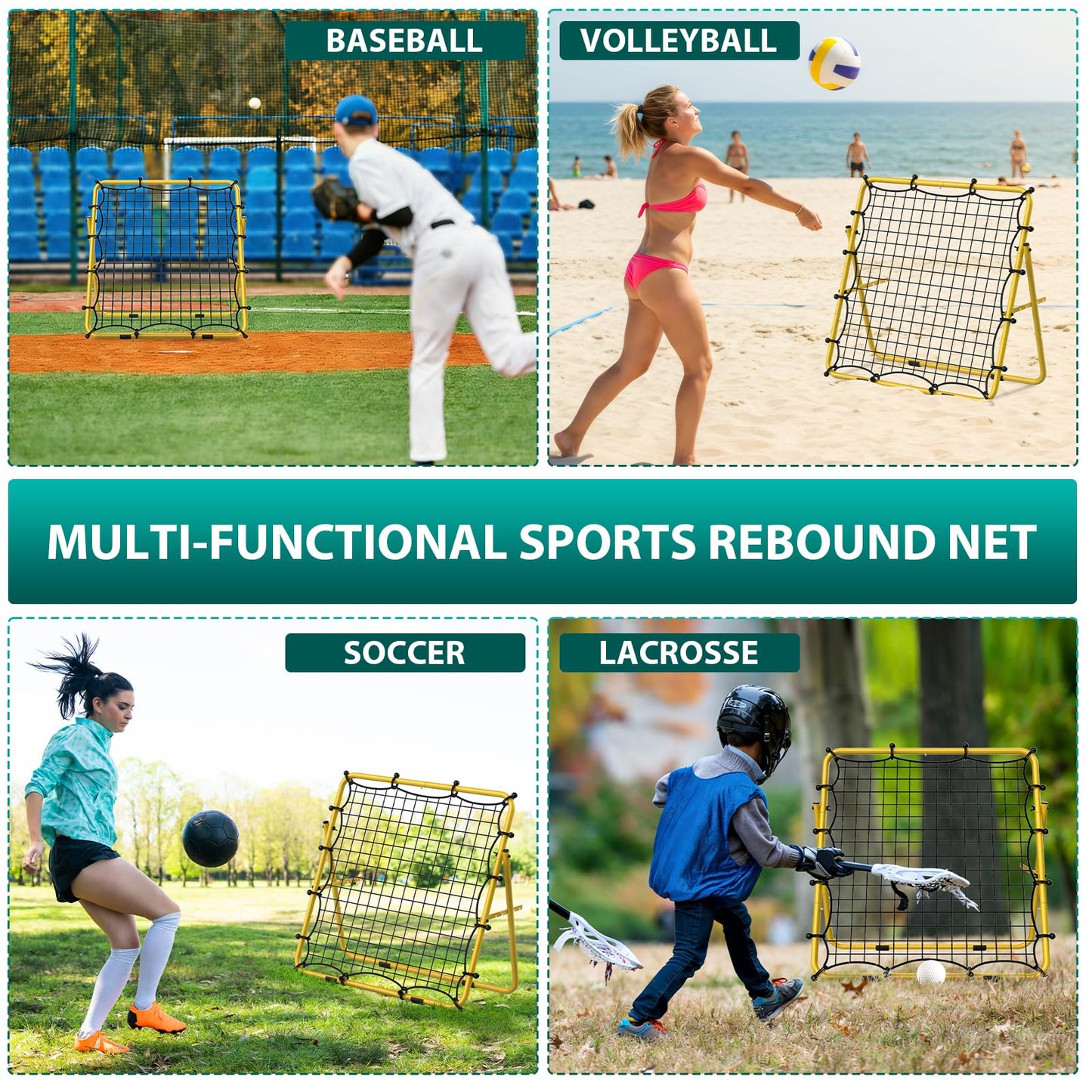 LIANTRAL Baseball Rebounder Net, Adjustable Bounce Back Trainer for Soccer, Volleyball, Softball, Portable Folding Rebounder for Passing & Shooting Practice, Volleyball Rebound Net for Kids, Yellow