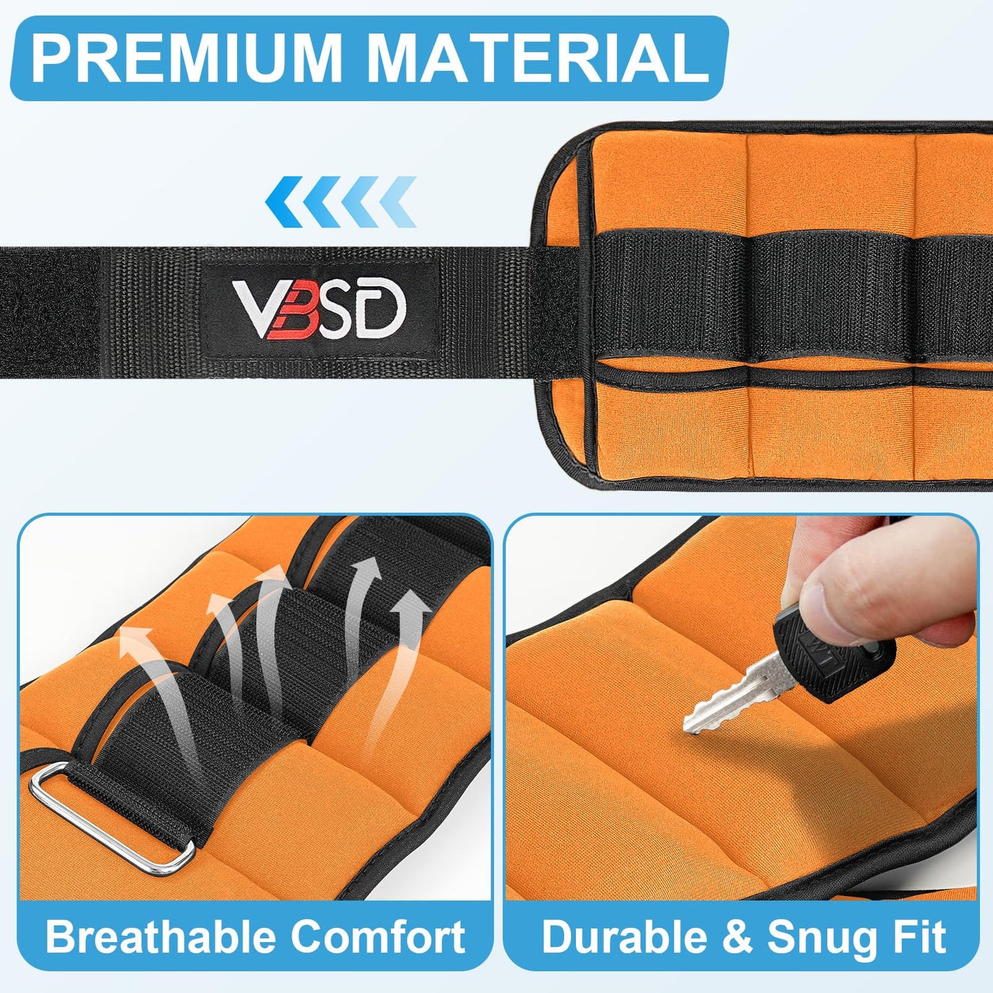 VBSD Adjustable Ankle Weights for Men Women, 10lb 1 Pair Leg Weight Straps, Weighted Ankle Weights Set for Gym, Yoga, Jogging, Walking, Aerobics, 1-5 lbs Each Ankle, 1 Pair 2-10 lbs, Orange