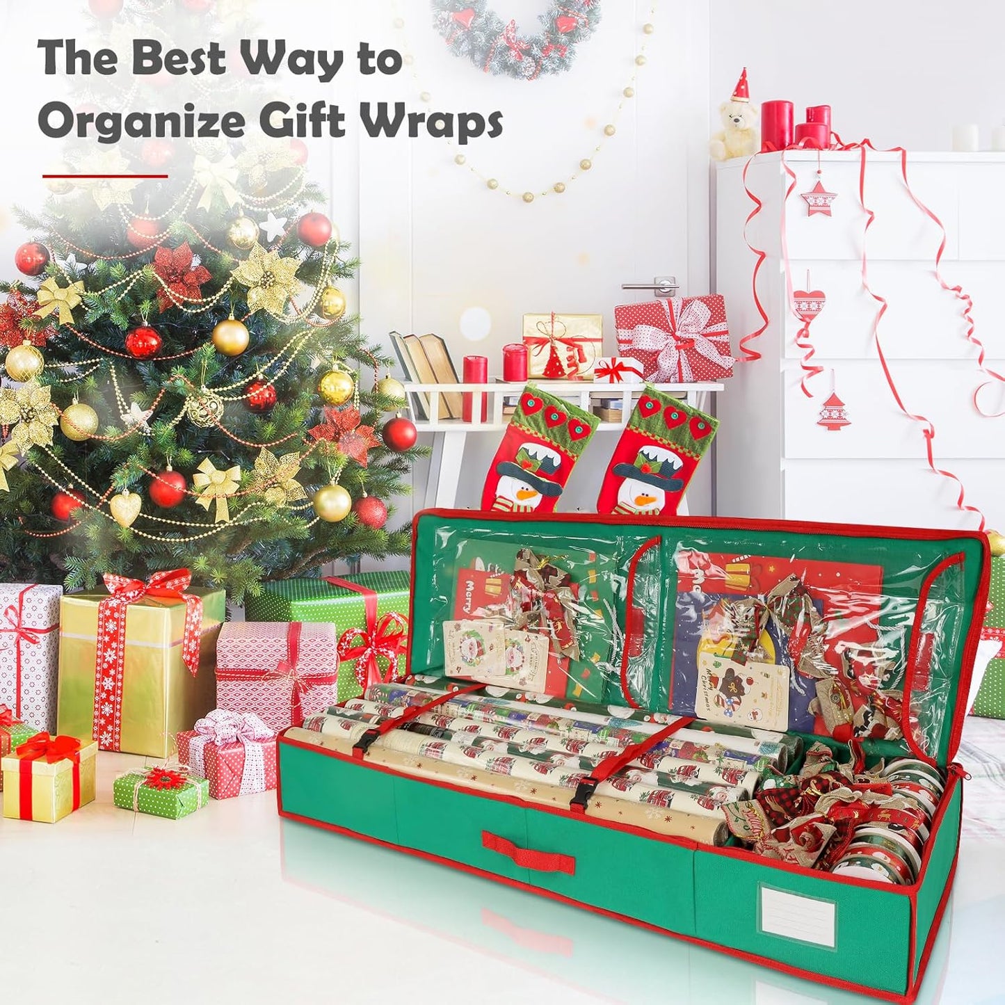 Skiennix Christmas Wrapping Paper Organizer - Storage Bag with Interior Pockets | Fits Up to 27 Rolls