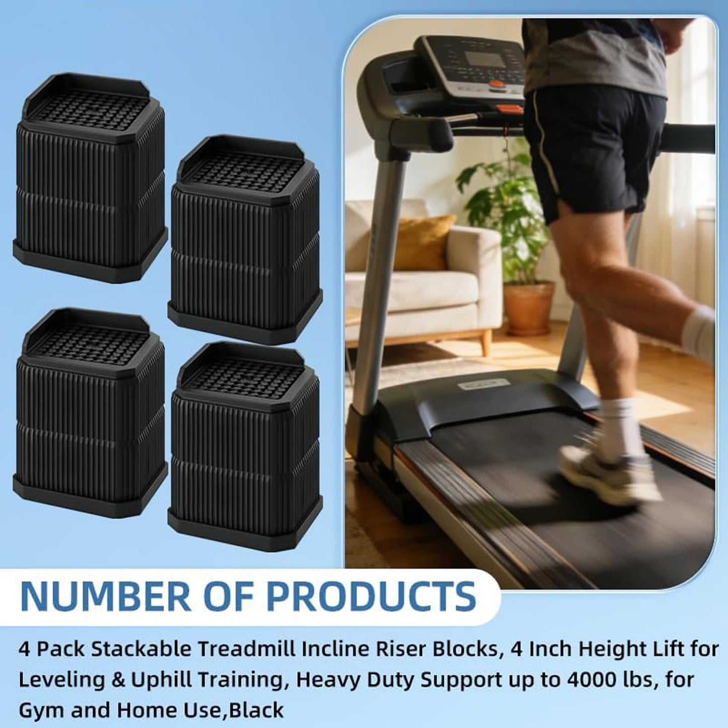 WYCBHZGA 4 Pack Stackable Treadmill Incline Riser Blocks, 4 Inch Height Lift for Leveling & Uphill Training, Heavy Duty Support up to 4000 lbs, for Gym and Home Use