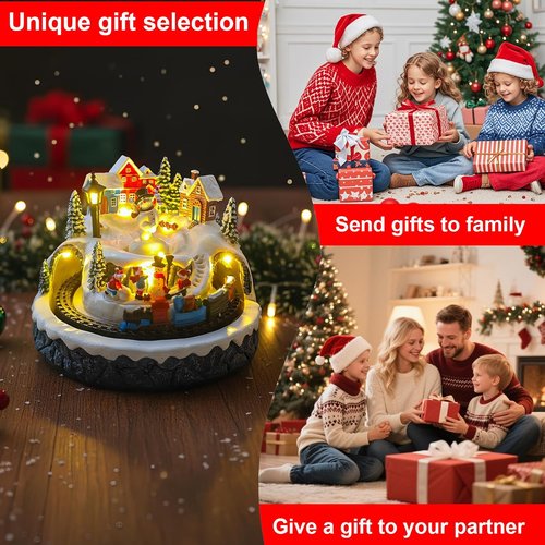 Christmas Village Decoration - Spinning Train & Snowman Musical Collectible with LED Lights | 8 Songs & Timer Function
