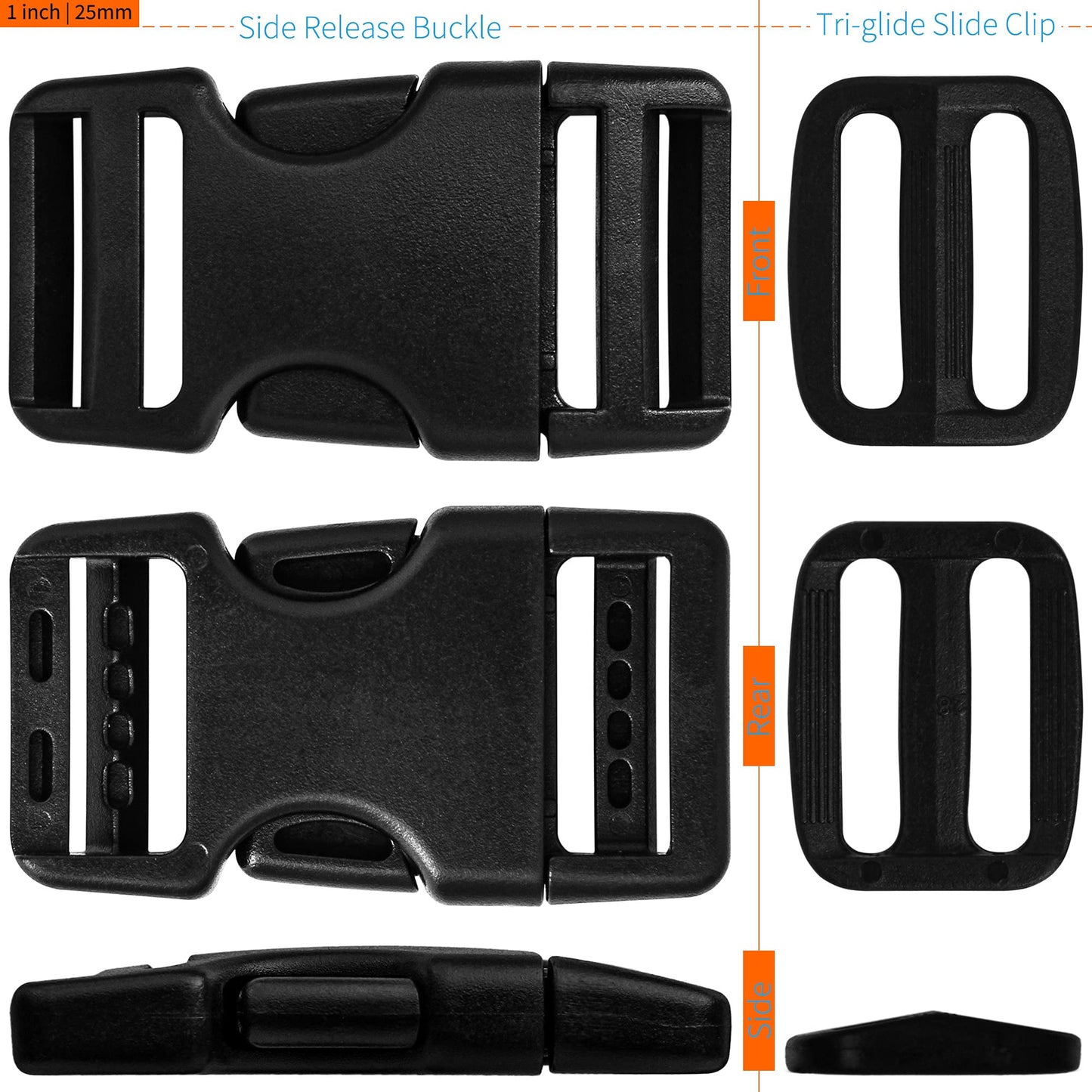 LASIGHT Buckles for 1 inch Wide Webbing Straps: Quick Side Release Buckle 10 set and Tri-Glide Slide 20 pcs Fit 1" Nylon Web Belt, Plastic Snap Fastener Clip Heavy Duty Replacement Dual Adjustable