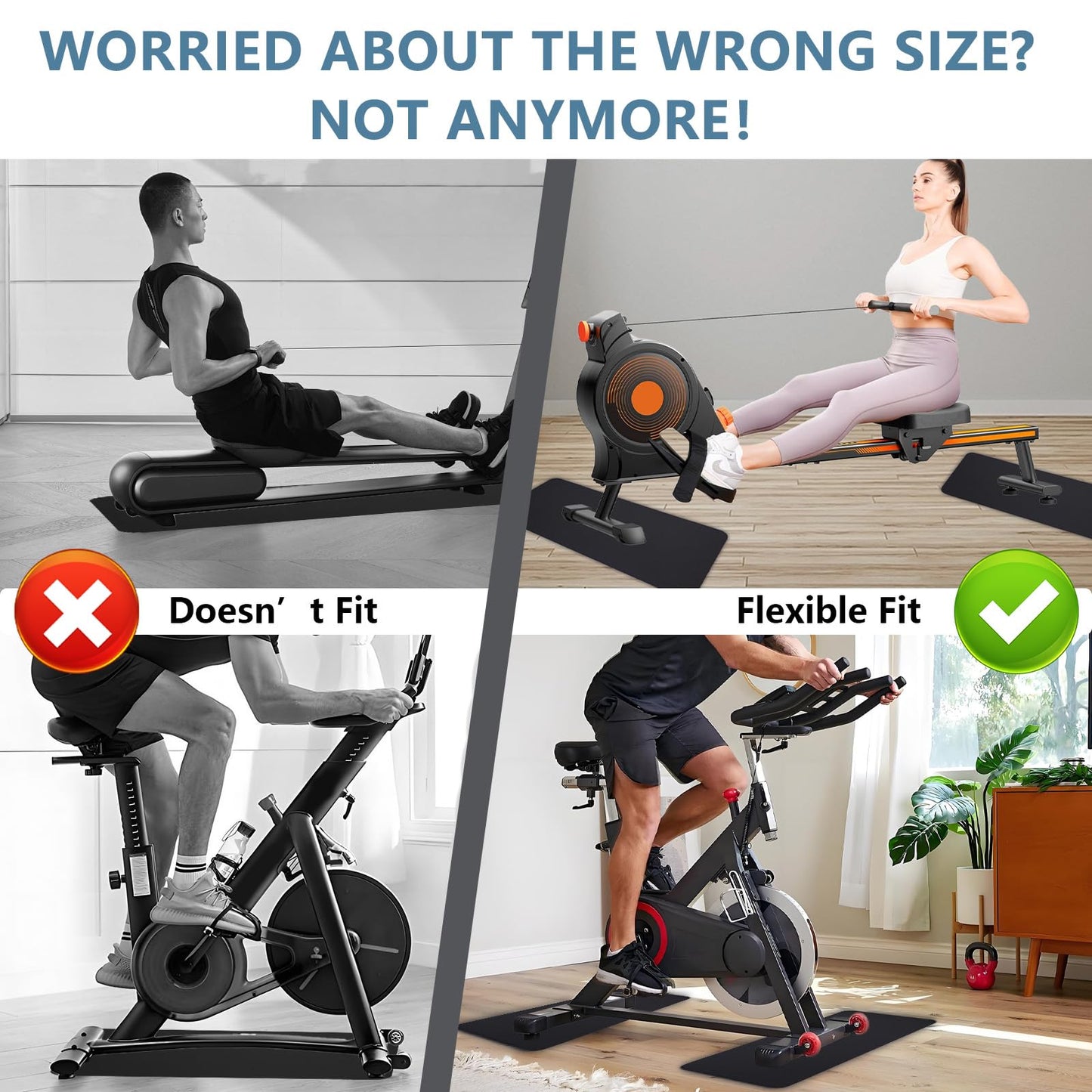 2PCS 0.24" Thick Mat Pads for Peloton Bike & Concept 2 Rower – Non-Slip Compact Floor Protectors for Small Spaces, Home Gym Use on Hardwood, Carpet & Tile, 25"x11.8"