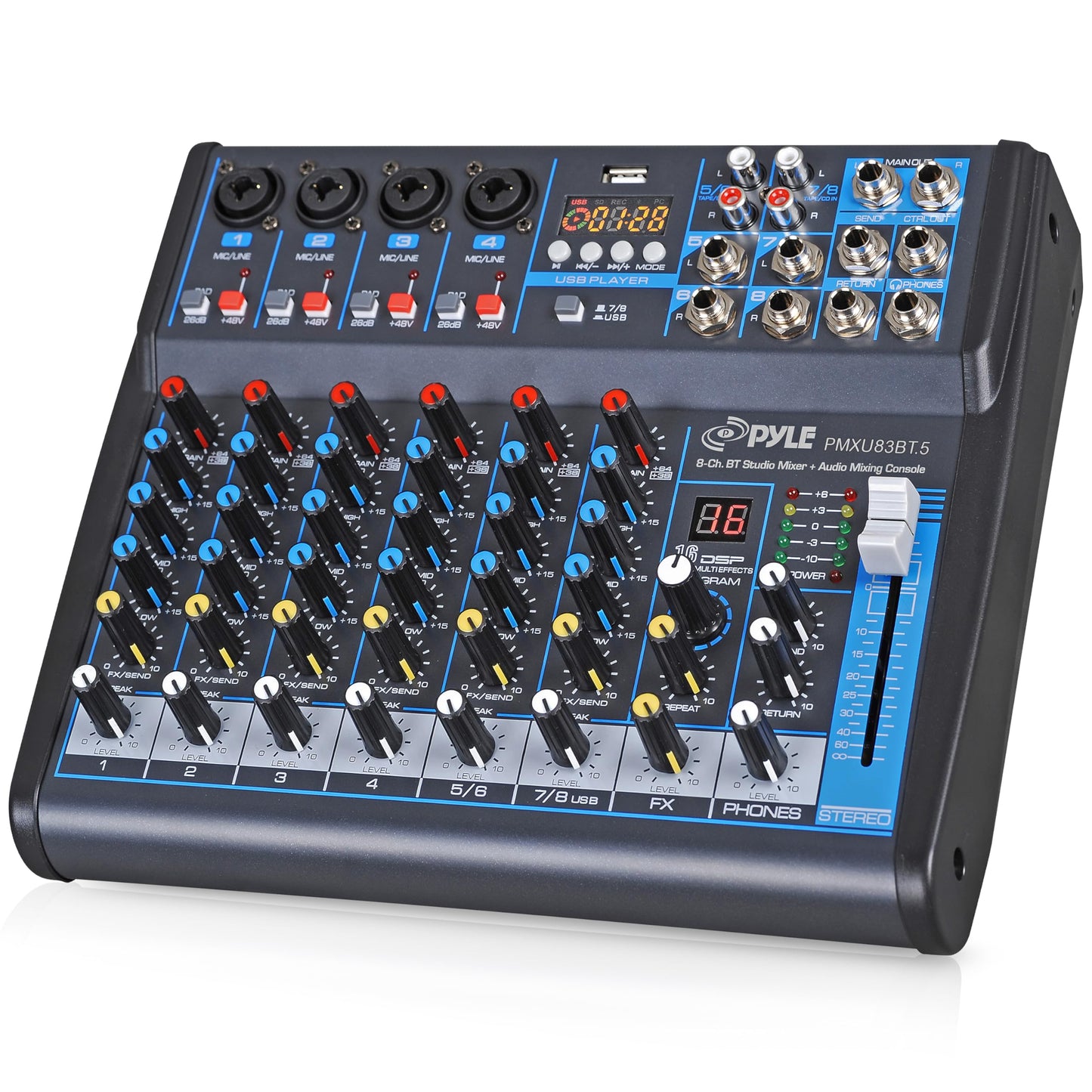 Pyle 8 Channel Bluetooth Studio Mixer - USB Computer Recording, Built-In MP3 Player, 48V Phantom Power, 16-Bit DSP FX, 3-Band EQ, XLR Combo Inputs, DJ Sound Board - PMXU83BT.5