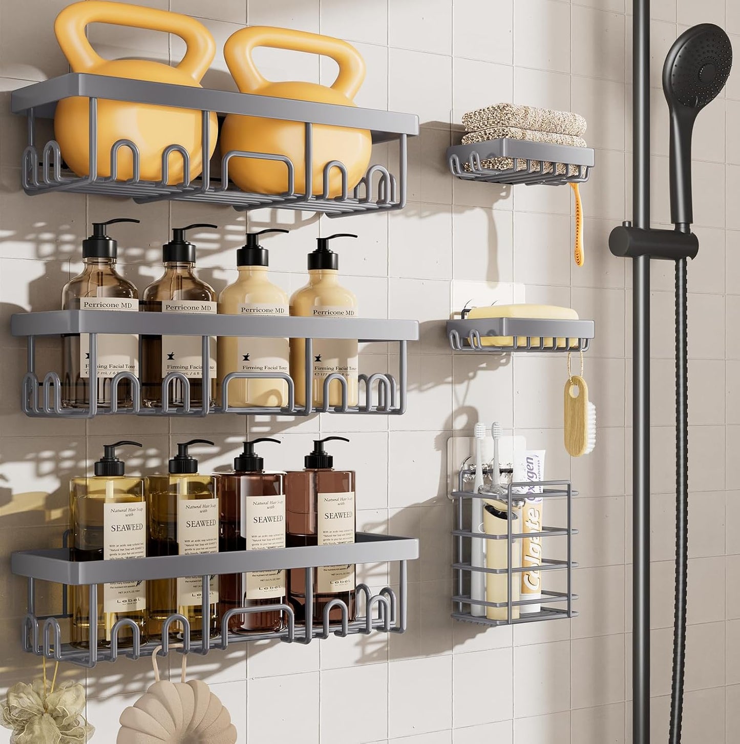 Veken Shower Caddy - 6-Pack Rustproof Waterproof Adhesive Shelves | Large Capacity Bathroom Organizers - Light Grey
