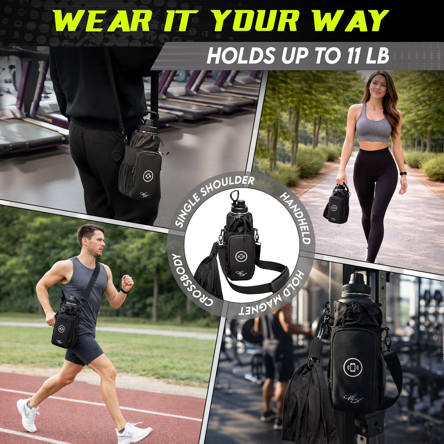 Magnetic Gym Bag & Magnetic Water Bottle Holder Set - 40oz Insulated Stainless Steel Bottle, Microfiber Towel, Cross Body Strap & Phone Holder Magnet - Gym Bag Essentials for Fitness, Work & Travel