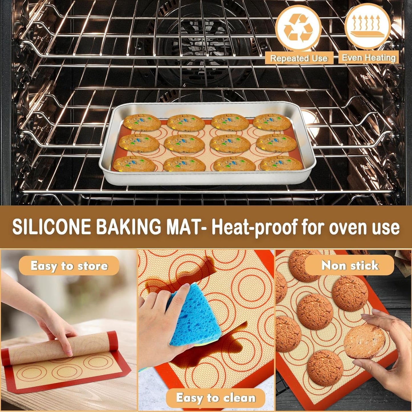 P&P CHEF 9-Inch Baking Sheet Pan Set - Stainless Steel Tray with Rack & Silicone Mat, Dishwasher Safe