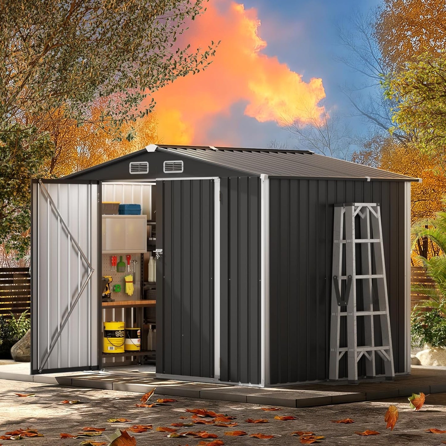 Metal Storage Shed & Outdoor Storage, Outdoor Steel Storages Shed with Sloping Roof, Utility and Tool Garden Sheds for Patio Lawn Yard
