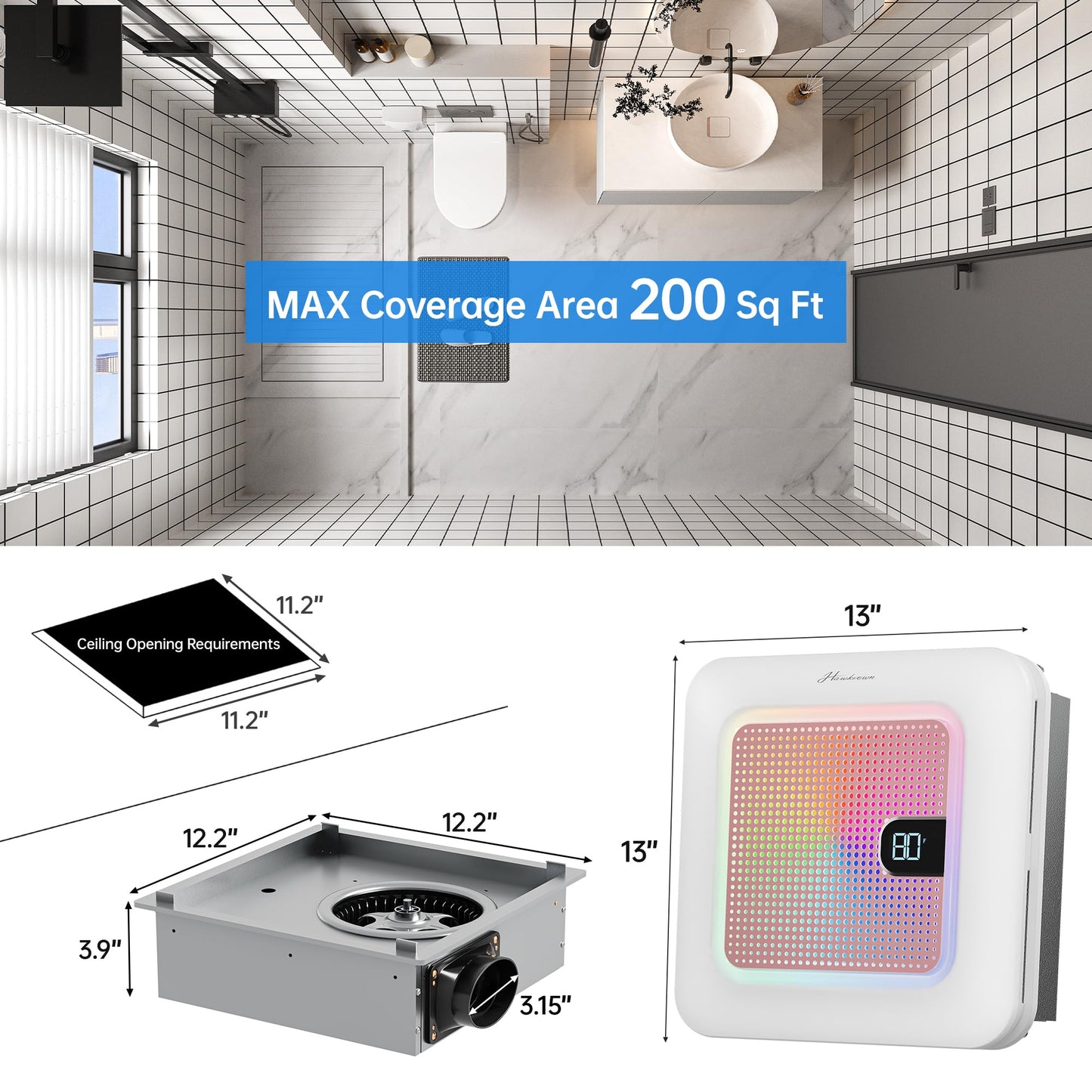 Hawkrown Bathroom Exhaust Fan with Bluetooth Speaker, 230 CFM 1.0 Sone Bathroom Exhaust Fan with Light, 3 Dynamic Light, 7 LED Color, 3 Color Temperatures, Nightlight,Remote, Easy Install