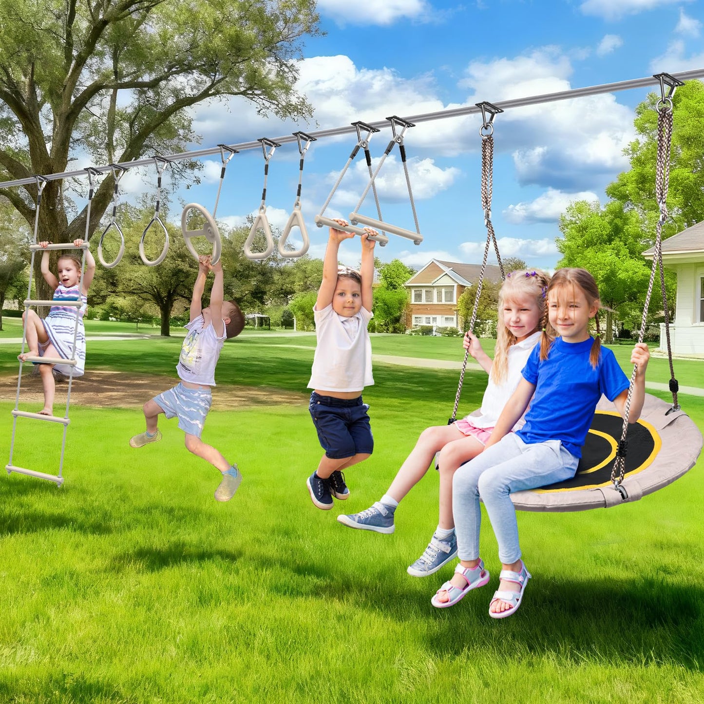 Hapfan 60 FT Ninja Warrior Obstacle Course Swing Set for Kids with Weather-Proof Accessories, Outdoor Playset with Monkey Bars for Backyard