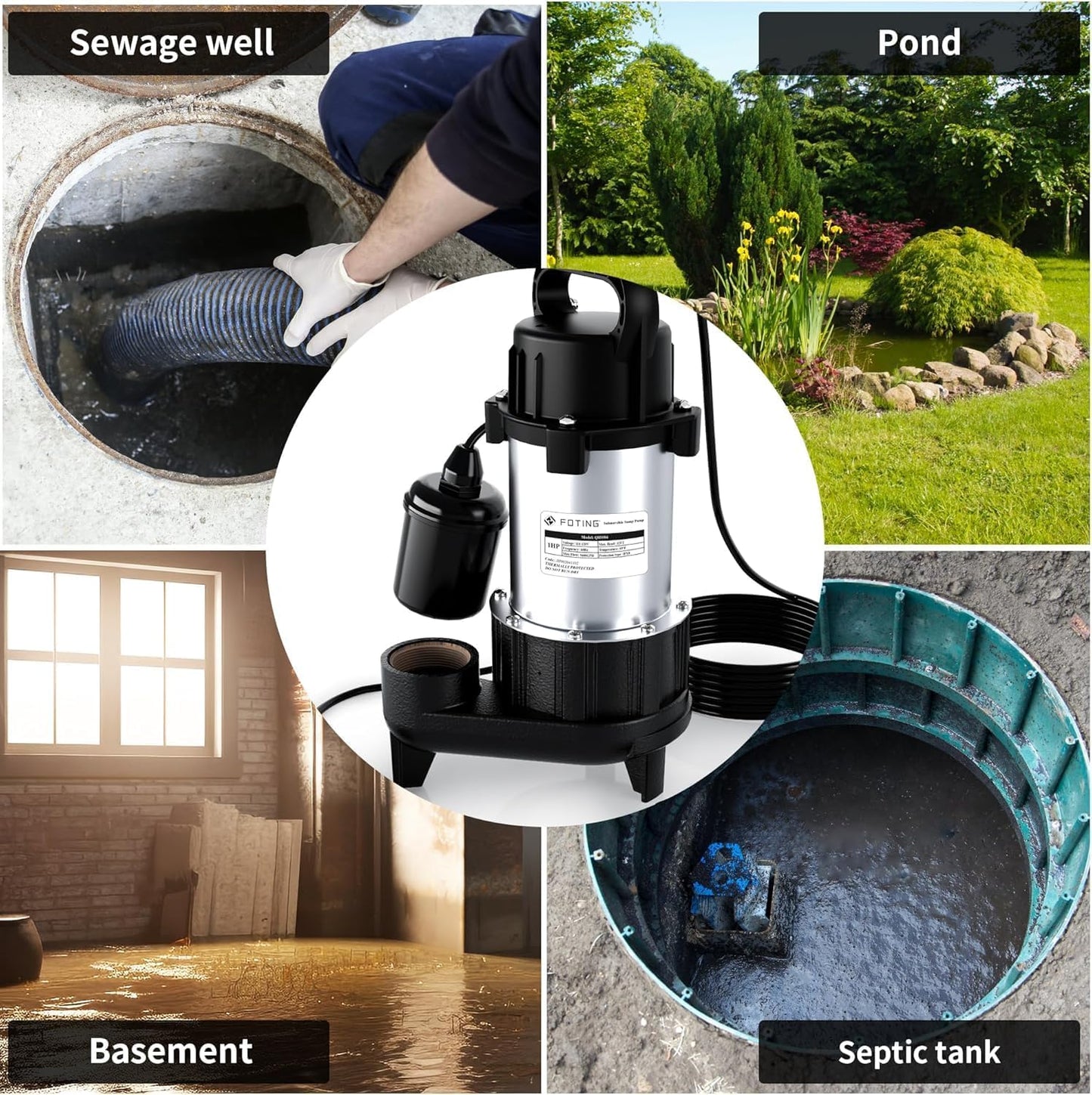FOTING 1HP 5600 GPH 40FT Sump Pump Submersible Sewage/Effluent Pump - Heavy Duty Cast Iron Automatic/Manual - 115V Septic Pump for Sump Basin/Sewage/Basement, 2'' NPT