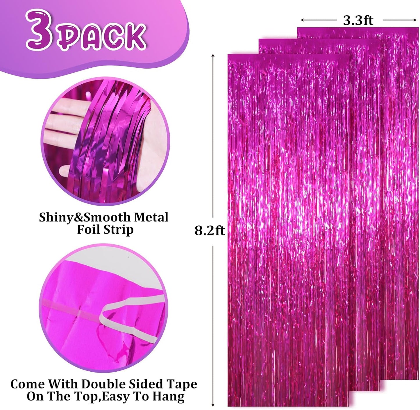 Voircoloria Pink Foil Fringe Backdrop Curtains - 3 Pack Tinsel Streamers for Parties & Events | 3.3x8.2 Feet