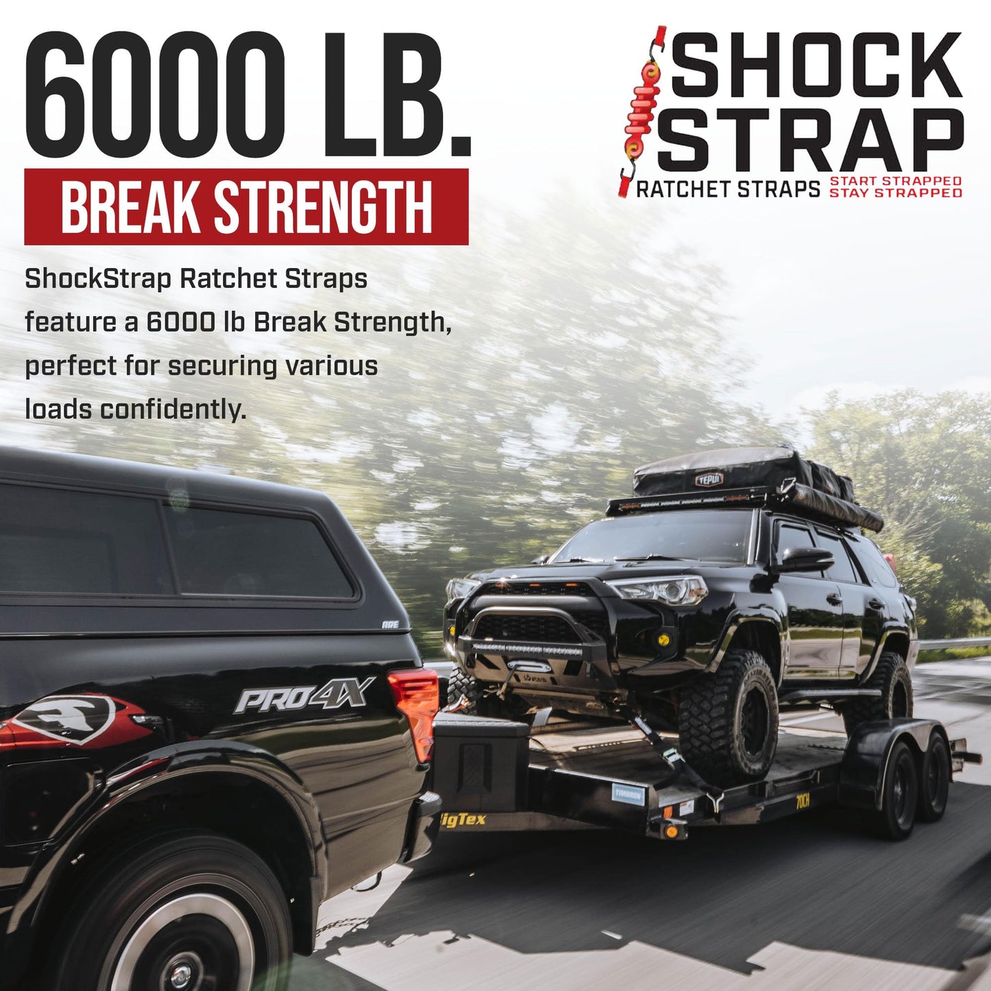 SHOCKSTRAP Ratchet Strap, 9' x 2" Shock Absorbing Heavy Duty Tie downs for Cargo, 2,000 LB WLL / 6,000 LB Break Strength, 4-Pack