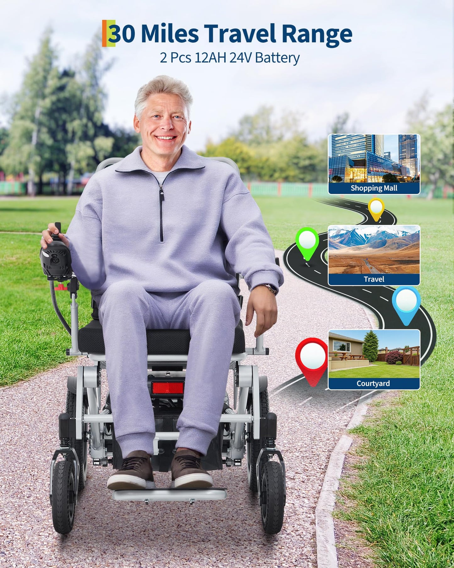 GarveeLife Electric Wheelchair for Adults, 30 Mile Range & Foldable, 330 LB Capacity, 2X 12Ah 24V Battery, Lightweight All Terrain Mobility Chair, Airline Approved