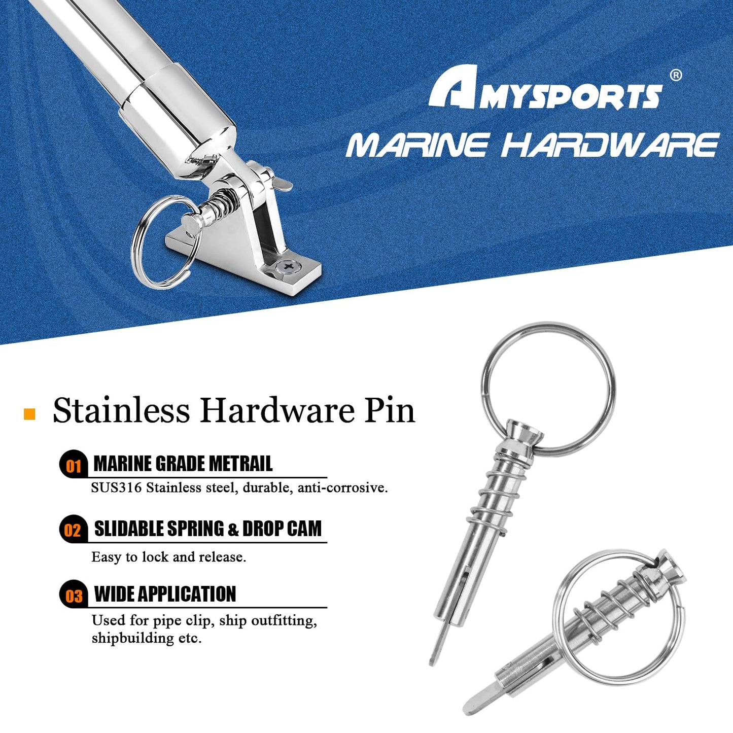 AMYSPORTS Marine Quick Release Pin Steel Deck Stainless Release Pin Hardware Boat Bimini Top Pins Release SUS316 4pcs