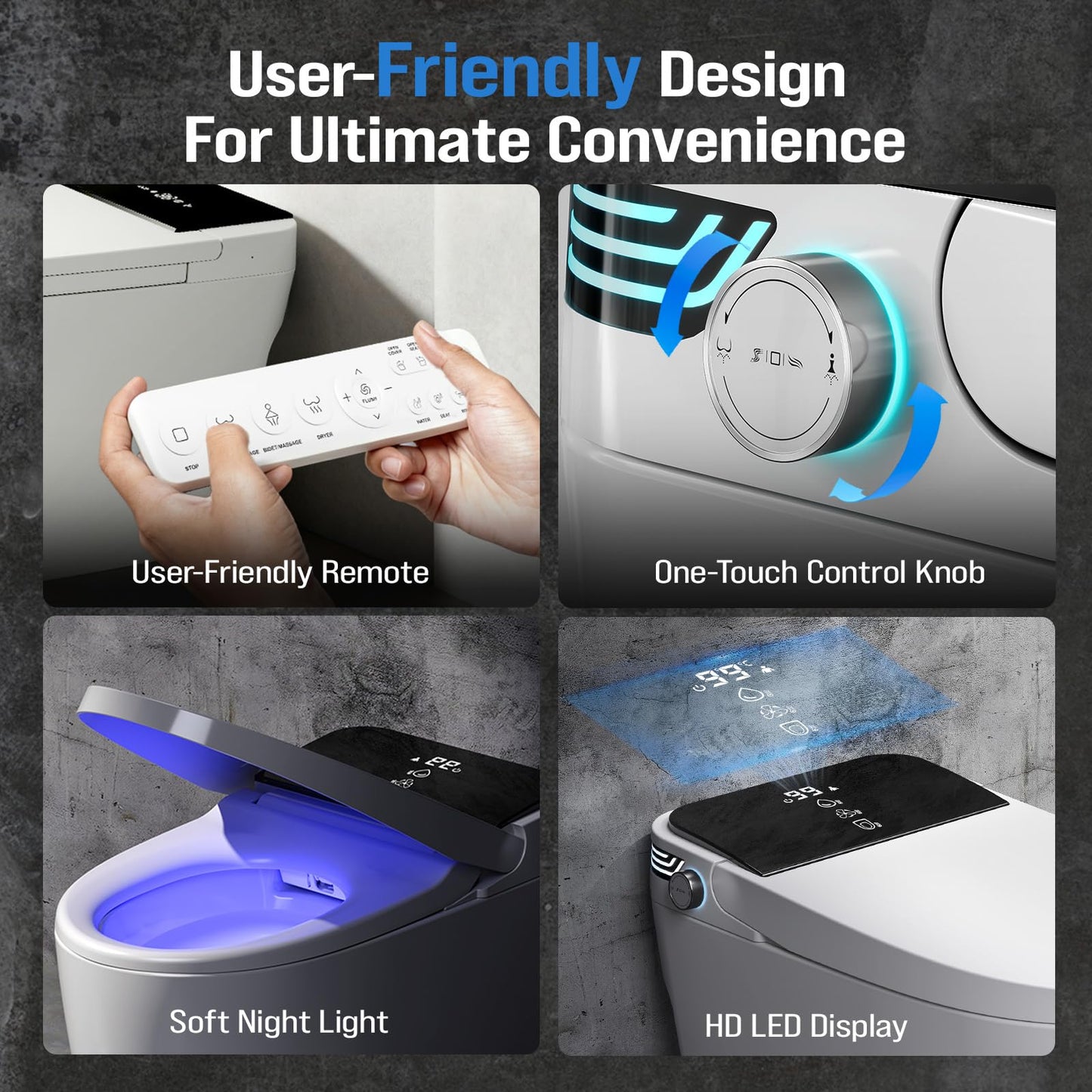 Loniko Smart Toilet with Bidet Built-In, Tankless Powerful Dual Flush, Auto Open/Close & Auto Flush, Elongated Heated Seat, Instant Warm Water & Dryer, LED Night Light & Temp Display