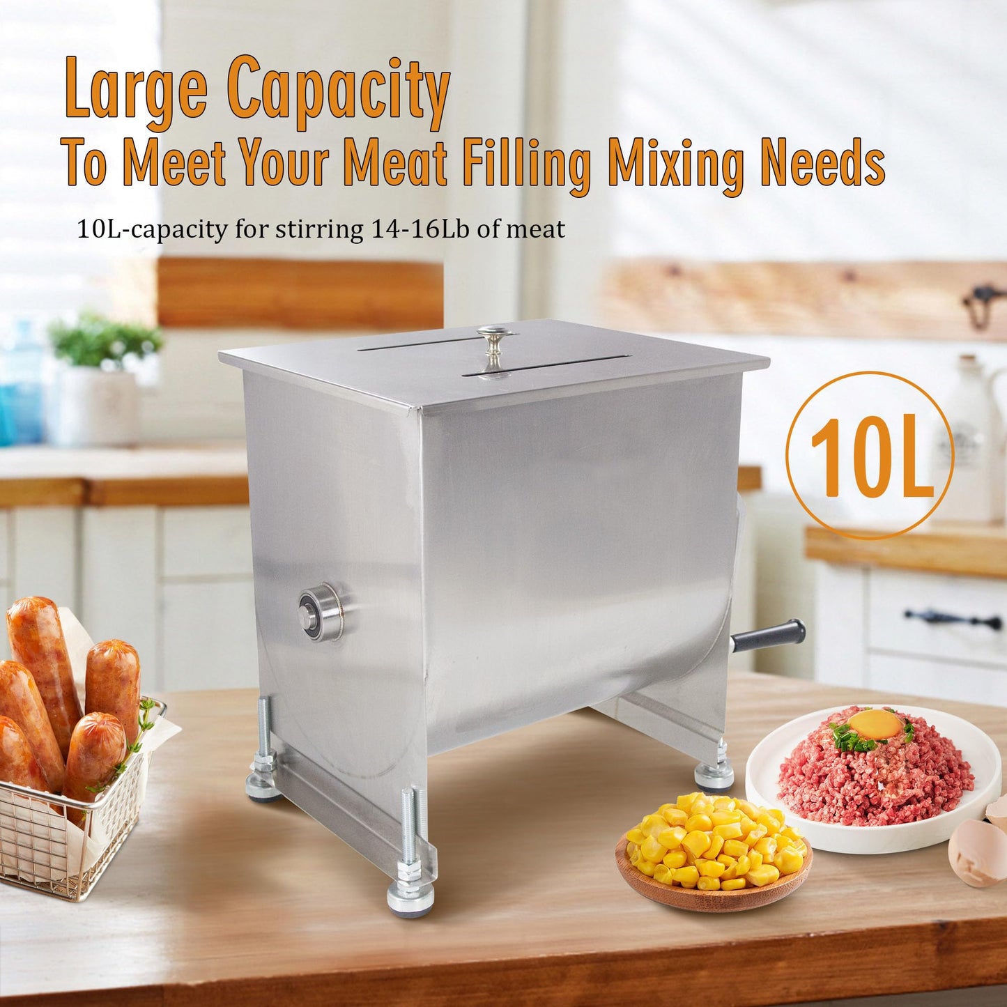 CMI Commercial Stainless Steel Manual Meat Mixers with lid,16Lb/10L Fixed Tank,(Mixing Maximum 15Lb for Meat),Sausage Mixer Machine Meat Processing Equipment