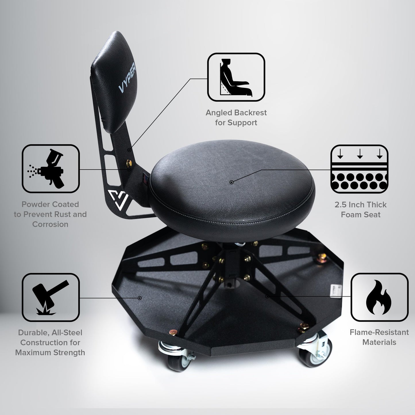 Vyper Robust Steel Sport Shop Chair for Mechanics, Automotive, DIY - 300 lb Capacity Garage Stool with Backrest & Large Wheels (Black Seat, Black Frame)