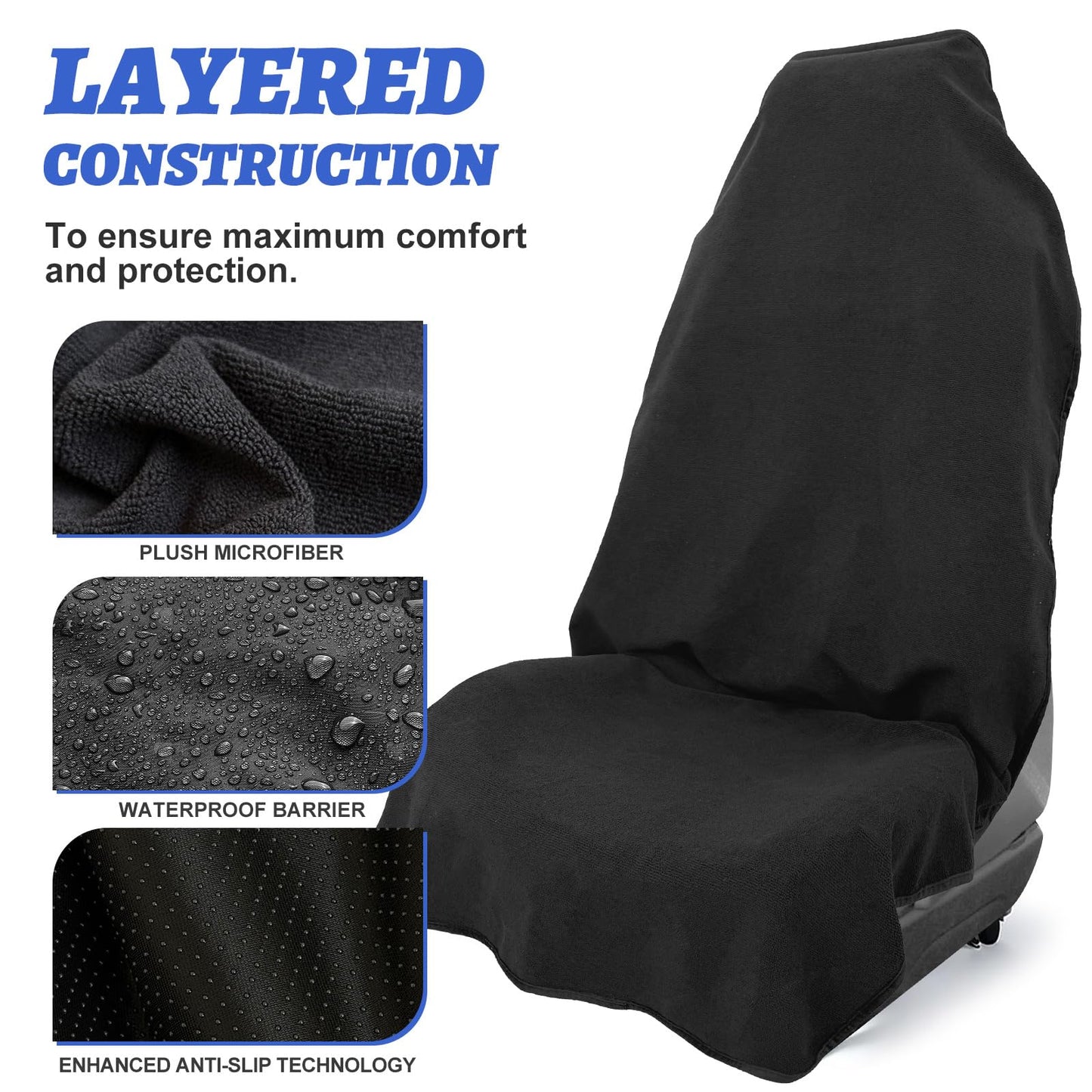 Car Front Seat Cover: Waterproof & sweatproof, fits all cars/SUVs/trucks. Ideal for gym, sports & beach. 3-layer non-slip, easy machine wash. Shields seats from stains & wetness. (Black, 1Pcs)