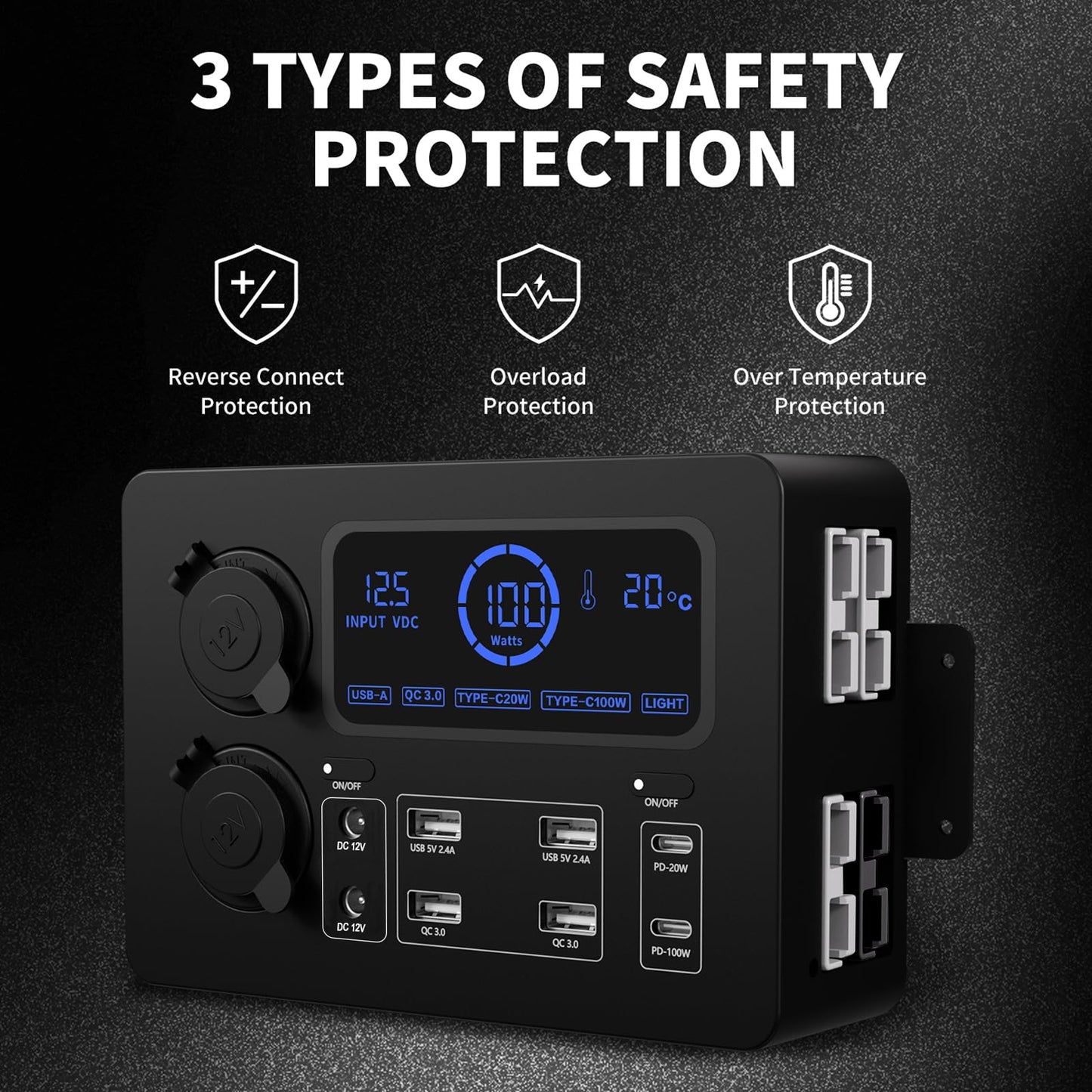 AMOMD 12-24 V Power Outlet Hub Distribution Box 13 Output Sockets Quick Plug+PD20W/100W+QC3.0 USB+CIG Power Sockets Plug-and-Play with LCD Display LED Light Suitable for All Deep-cycle Type