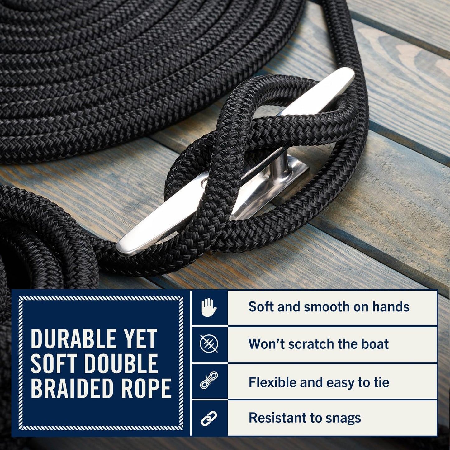 RainierSupplyCo Dock Lines 2-Pack - Boat Rope for Docking with Loop - 15 ft x 1/2 Inch Premium Double Braided Nylon Marine Rope - Mooring Line with 12" Eyelet - Boat Accessories - Black