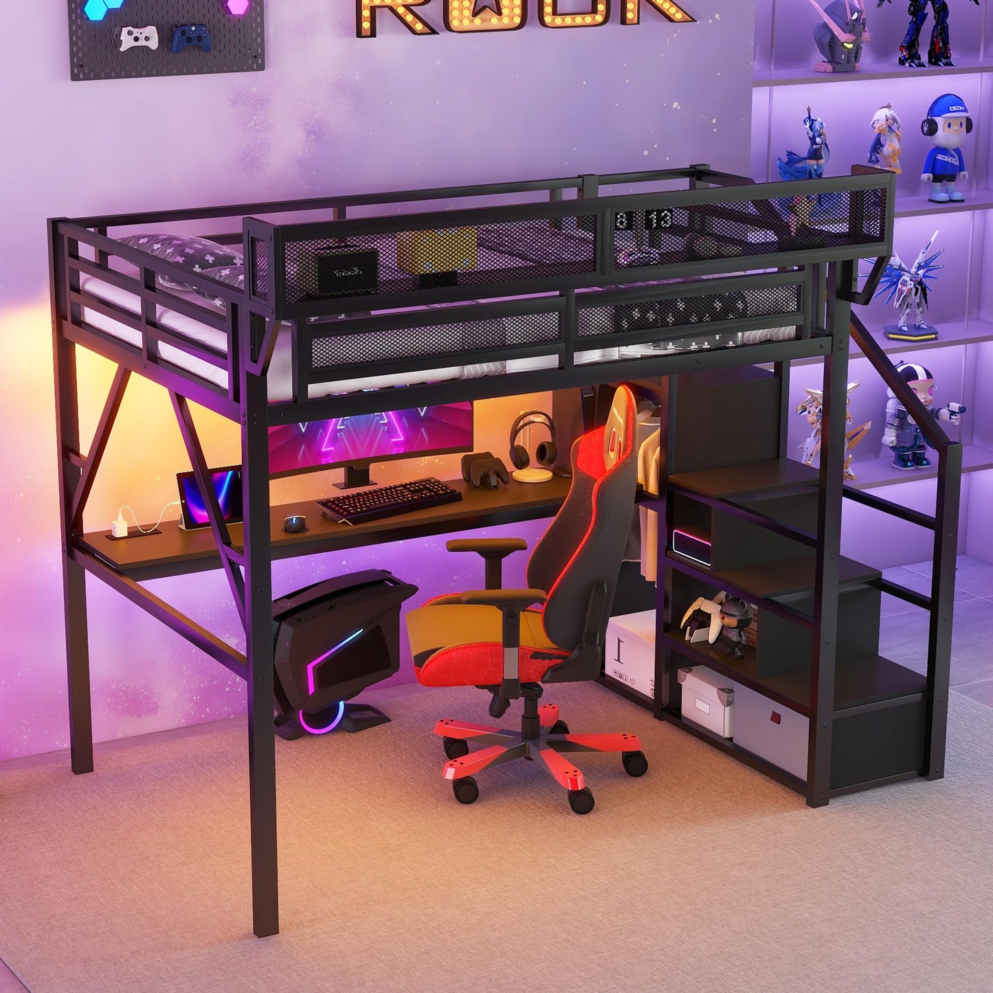 KEIKI Full Size Metal Loft Bed Frame with Desk, Staircase, Built-in Storage Shelves and Wardrobe, Modern Loft Bed with Solid Slats, Guardrail, No Box Spring Required, Easy Assembly, for Bedroom, Black