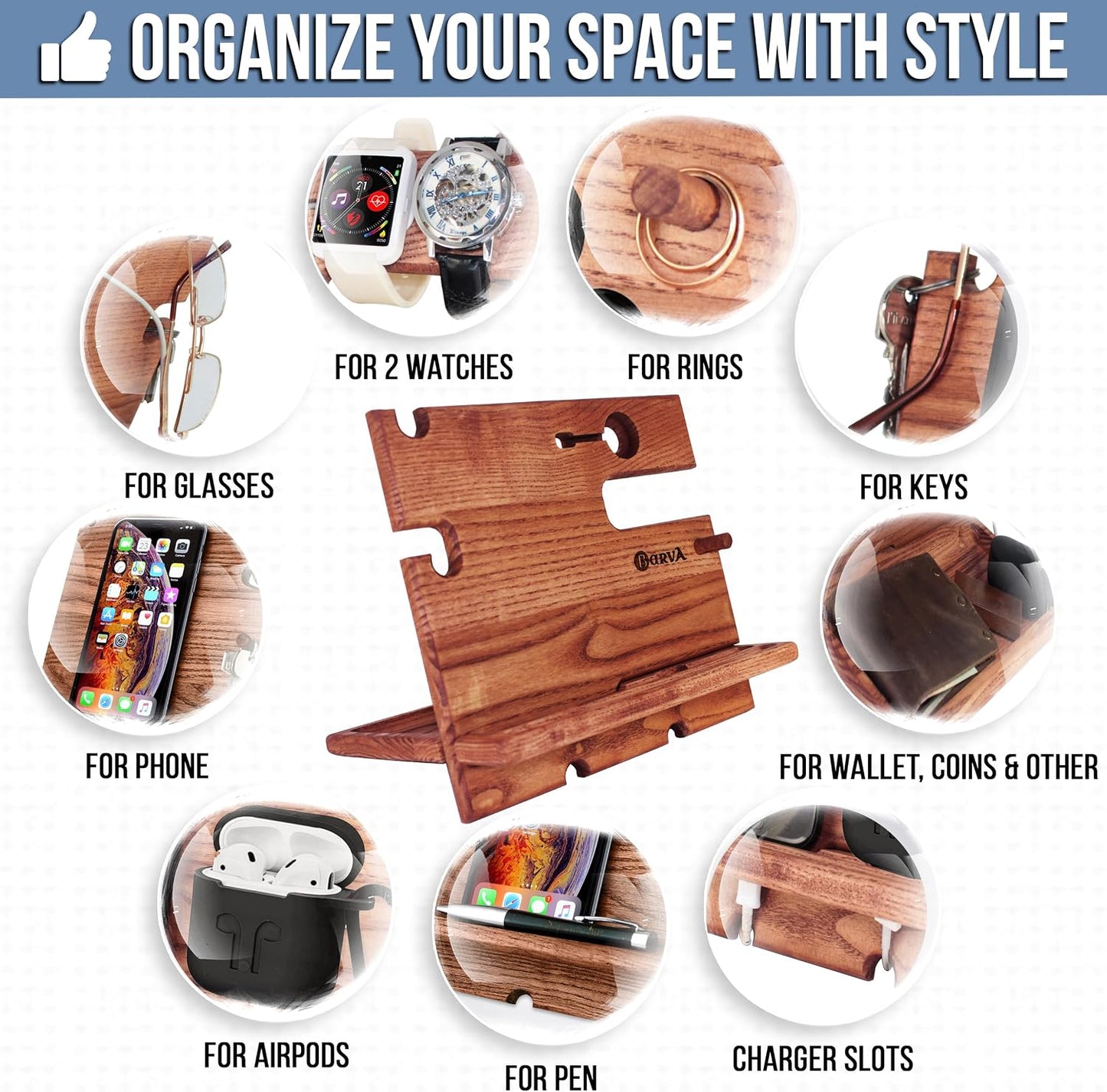 BarvA Rustic Phone Docking Station Desk Organizer | Night Stand Electronics Charging Station | Dresser Smart Watch