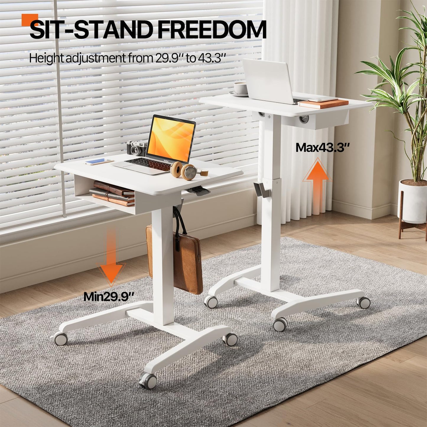 JOY worker Mobile Standing Desk with Storage Drawer, Pneumatic Height Adjustable Mobile Laptop Desk Workstation, White Rolling Cart with Wheels for Home Office Classroom