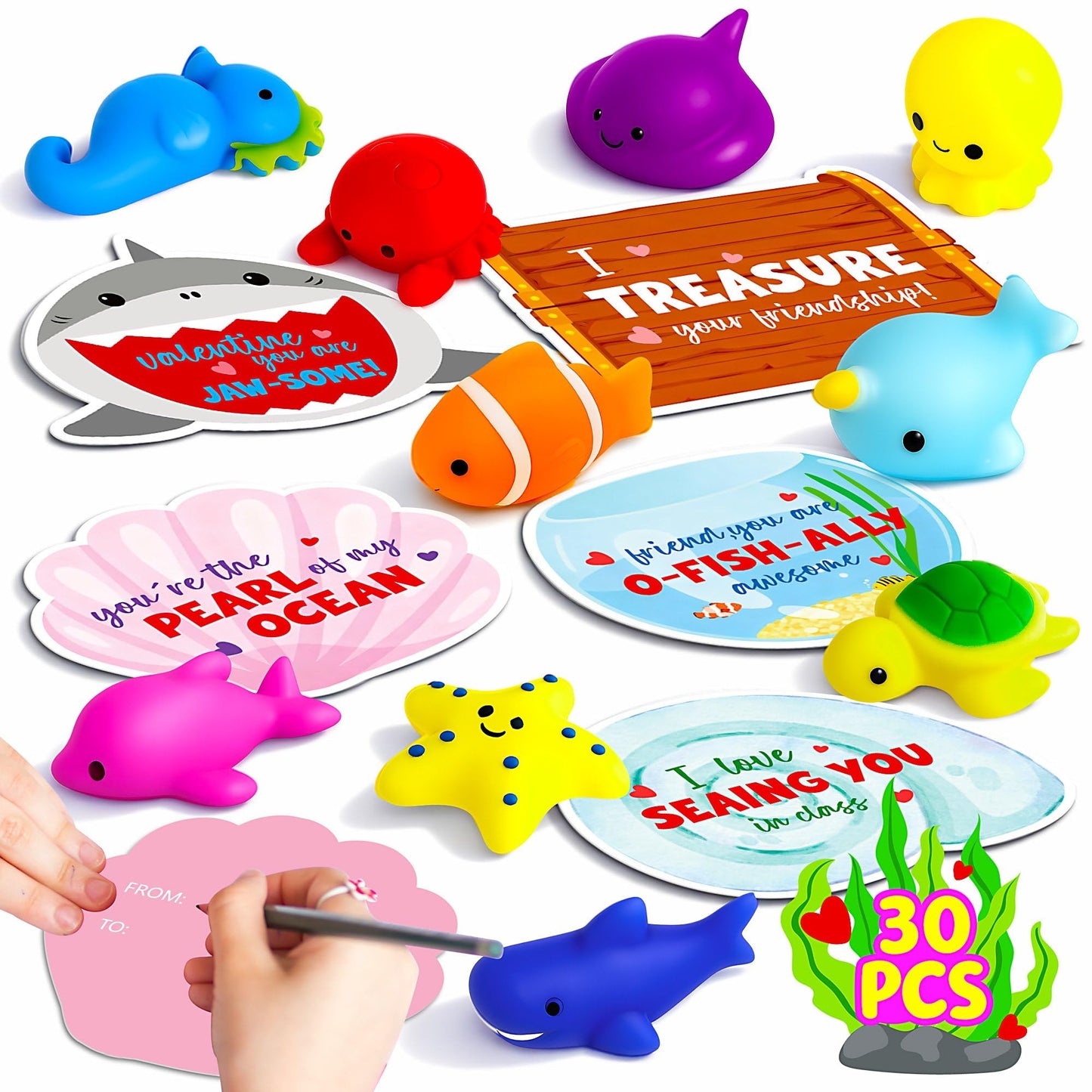 Valentines Day Cards for Kids School - 30PCS Cute Mochi Squishy Valentines for Class with Funny Ocean Valentine Cards, Valentine Party Favors for Boys & Girls, Valentine's Day Gifts for Kids Classroom