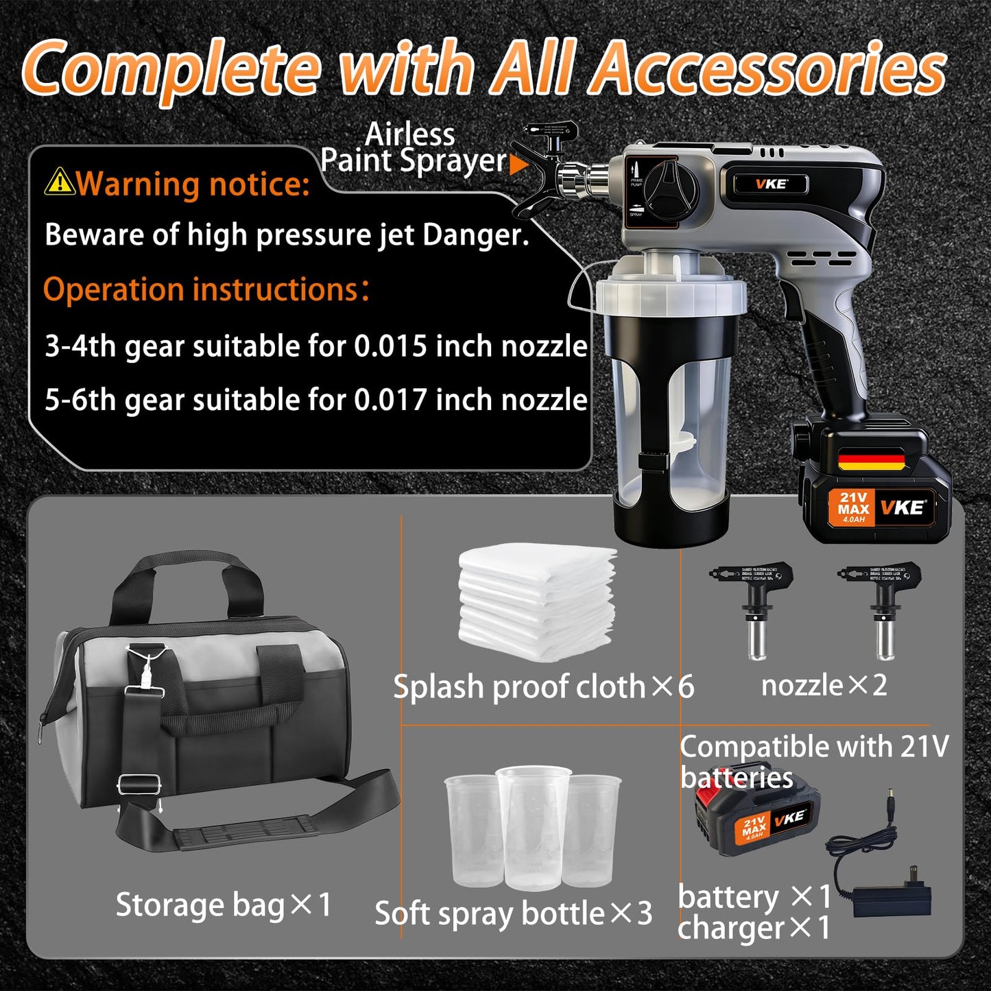 VKE Airless Handheld Paint Sprayer, Airless Sprayer with Battery, 3 × 1300ml Container Easy to Clean, 2 Nozzles and 6 Speed, Airless Paint Sprayer for Painting Walls, Doors, Fences DIY Projects