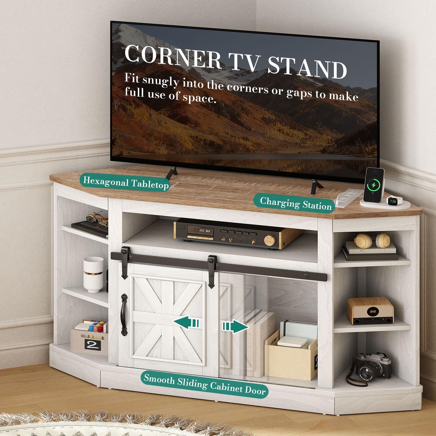 YITAHOME Corner TV Stand for 50 Inch TV, Farmhouse Entertainment Center with Storage & Power Outlet, TV Console Cabinet and Sliding Barn Door for Living Room, Grey Wash & Grey White
