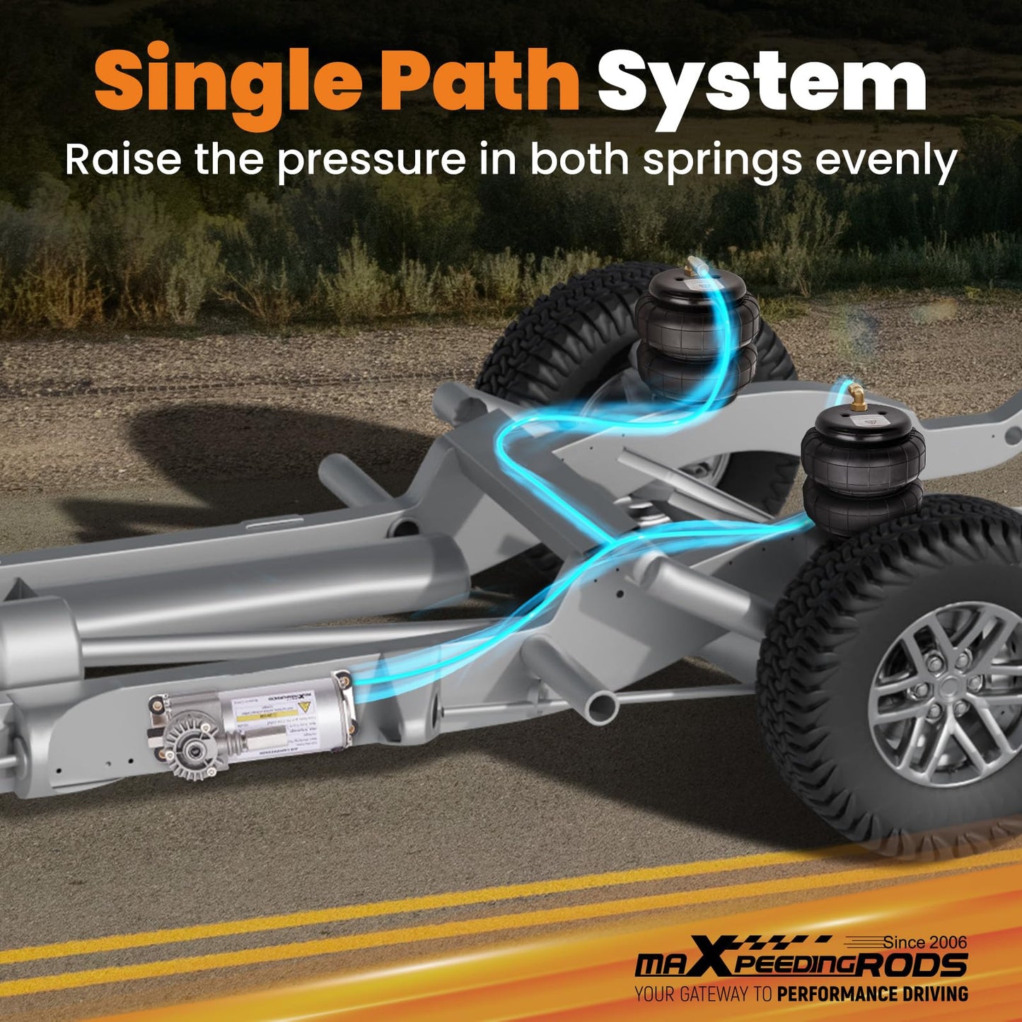 maXpeedingrods On Board Air Compressor System Up to 120 PSI Air Bag Compressor Kit with Analog Gauge Air Line T Fittings Single Path System for Trucks Vans