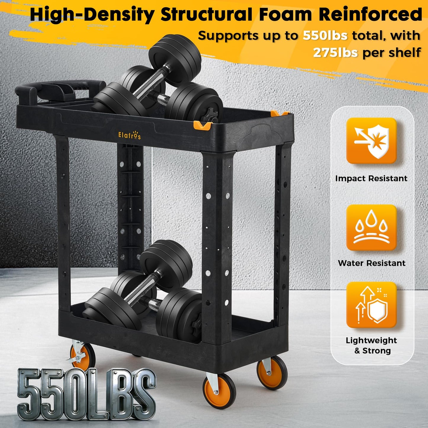 ELAFROS 2-Tier Utility Cart with Deep Shelves, Ergonomic Handle, 5" All-Swivel Wheels (2 with Brakes), Heavy Duty Rolling Cart Holds 550 lbs, 41.3 x 16.8 x 40.9 in