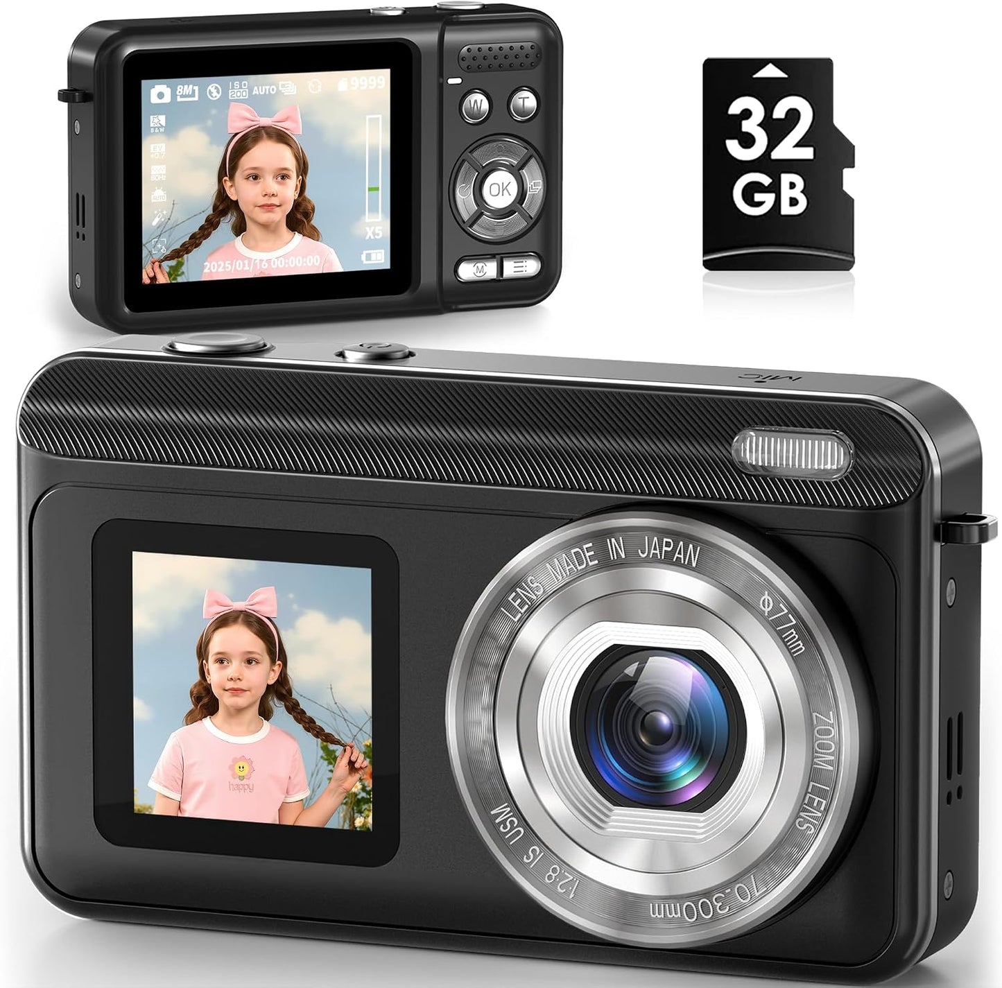 Jexylon 2.7K 16x 32GB Digital Camera, Real Dual-Screen Digital Camera for Photography Auto-Focus Vlogging Camera