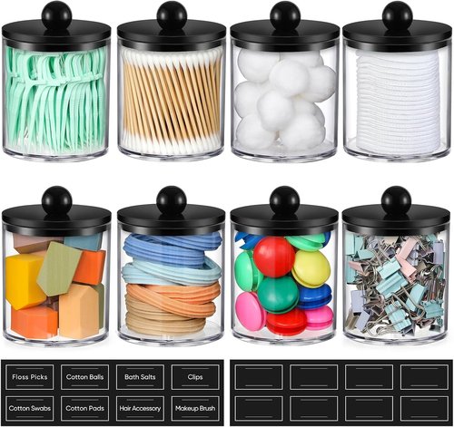 8 Pack Acrylic Qtip Holder Dispenser | Clear & Black Cotton Swab Storage Canisters for Bathroom Decor