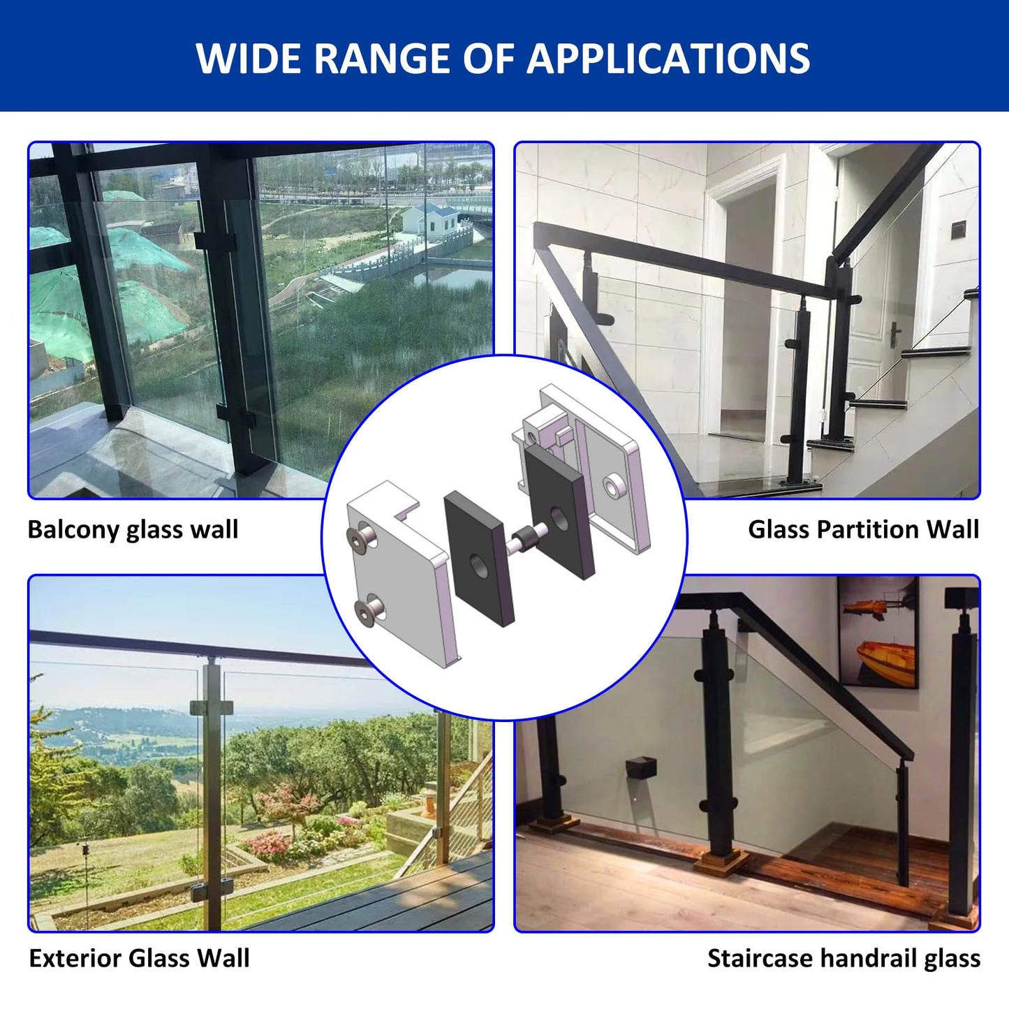 Glass Clamp－4PCS Adjustable Glass Shelf Bracket, 1/3 "-1/2 " 304 Stainless Steel Glass Clamps, Glass Clamp Bracket is Suitable for Railing, Stairs, Glass Wall, All Kinds of Glass (Black-4pcs)