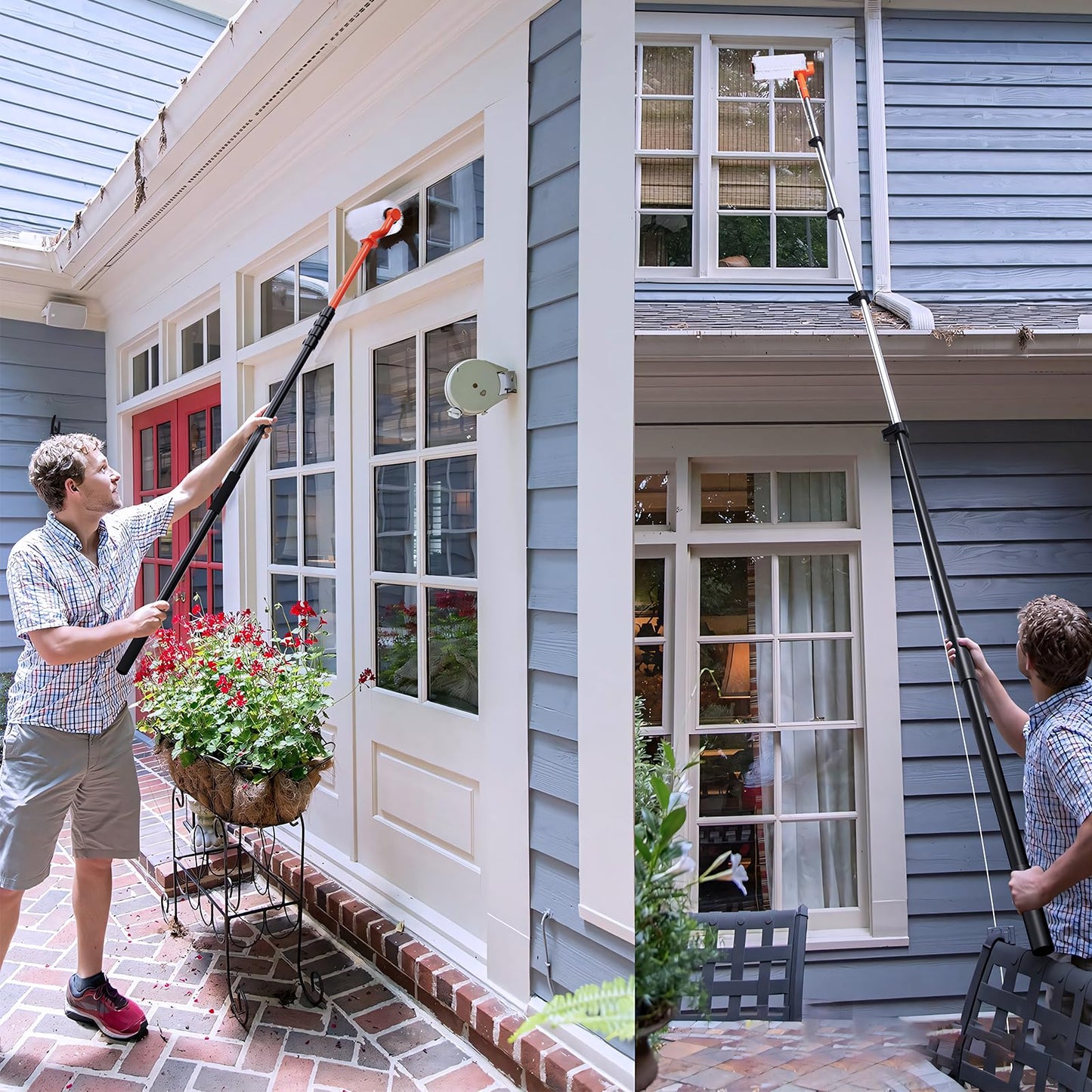 Electric Solar Panel Cleaning Brush and Pole, 20FT Telescopic Cleaning Roller Brush with Water Fed Pole，2 Hours Runtime, 2 Spin Speeds, for Solar Panlel, Outside High Window, Roof (Orange)