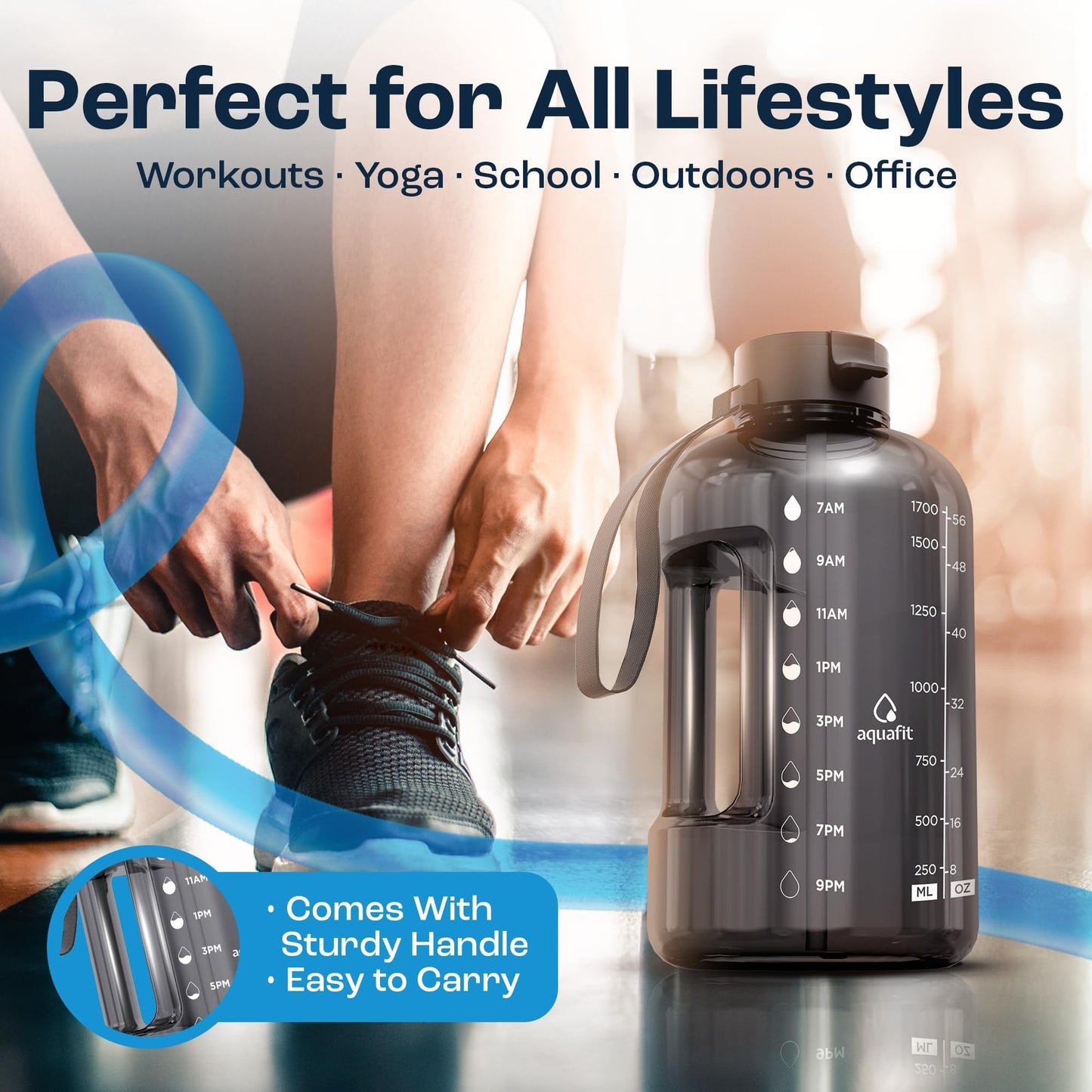 AQUAFIT 64 oz Water Bottle with Time Marker - Straw & Chug Lid - BPA Free Half Gallon Gym Water Bottle with Handle - Big Gallon Jug (Galaxy, 64 Ounces)