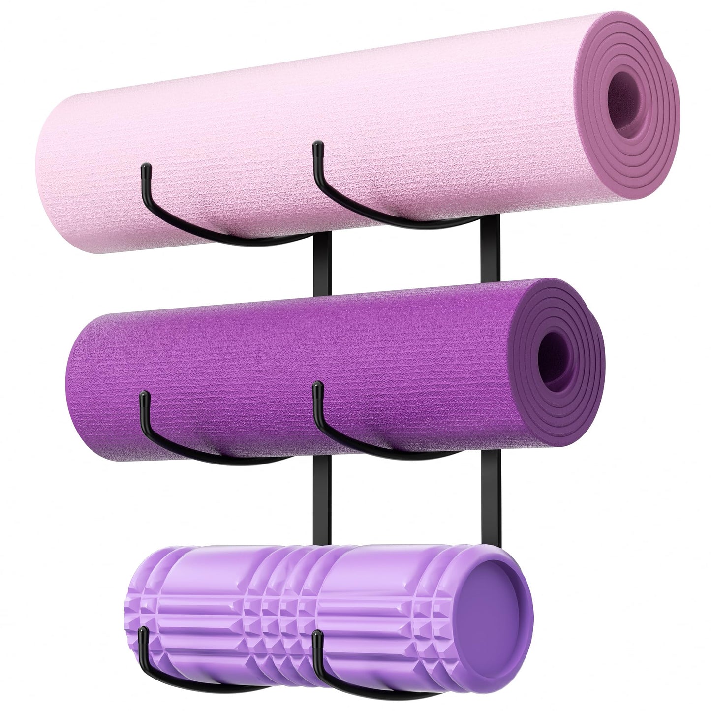 Josmimic Yoga Mat Holder Wall Mount, 3-Tier Storage Rack for Yoga Mat, Foam Roller, Block, Yoga Accessories, Wall Organizer for Home Gym, Gym, Workout Room, Metal, Black