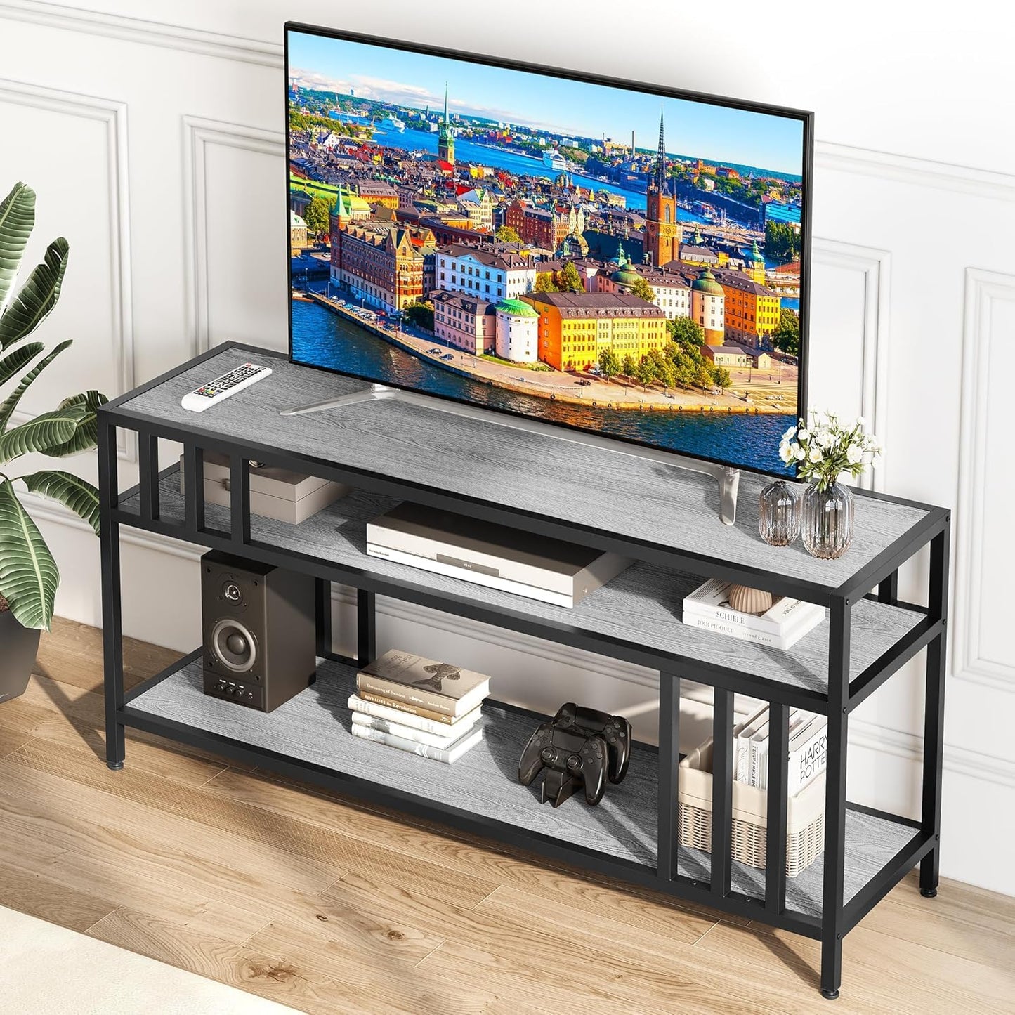 GarveeTech 58'' TV Stand Fits TV up to 65'', TV Media Console with 3-Tier Open Storage Shelves, Industrial Entertainment Center with Quadruple-Tube Support for Living Room, Gray