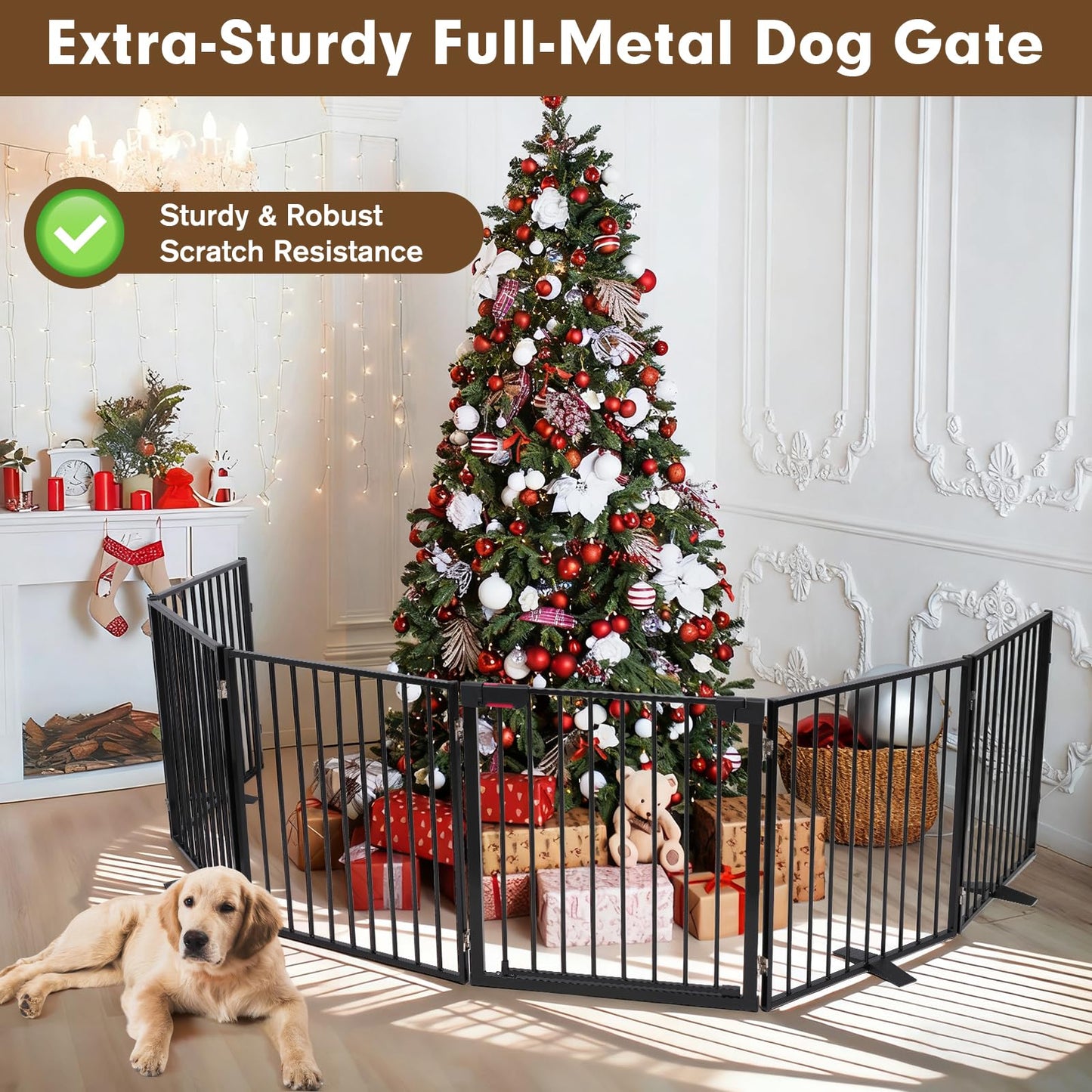 Furggis 156" Extra Wide Dog Gate, Heavy Duty Metal Freestanding Dog Gate with Door for Indoor & Outdoor, Foldable Pet Fence for Doorways,House,Porch,Deck,Yard,Stairs, Auto Close(6 Panels,Black)