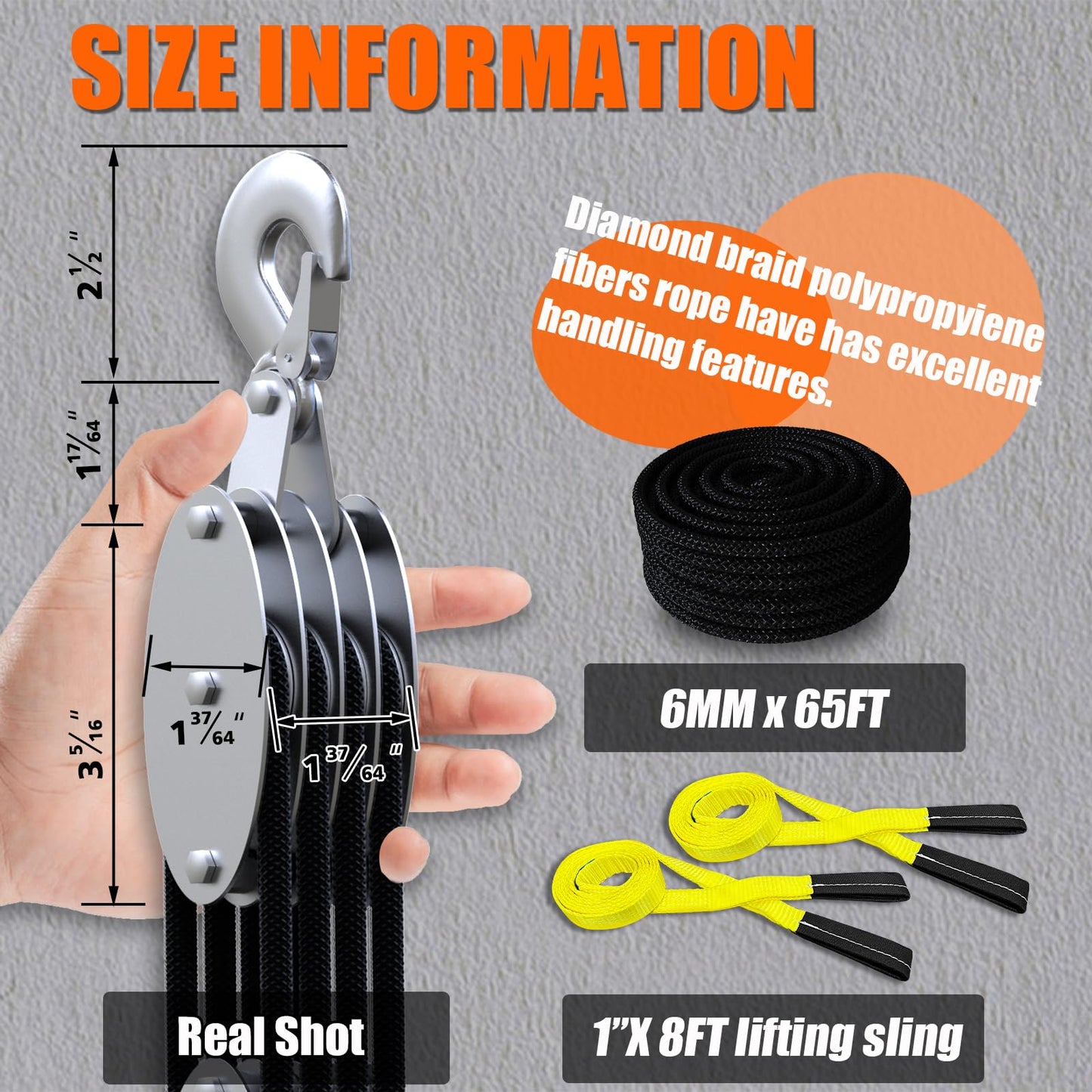YATOINTO Rope Hoist Pulley System with Metal Bearing, 4400LB Pulley Block and Tackle, 8:1 Lifting Power 65ft, Heavy Duty Pulley Block for Hunting Lifting Garage Warehouses Building (with 2PCs Straps)