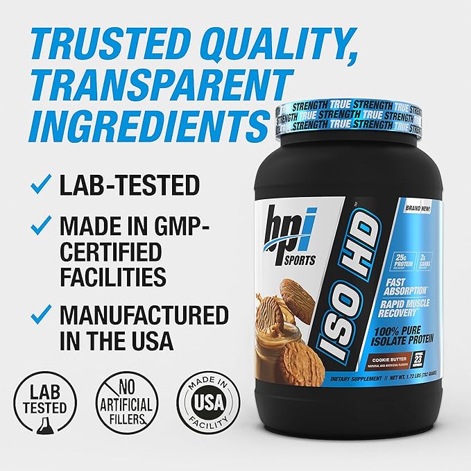 BPI Sports ISO HD Isolate Protein Powder ??100% Whey Isolate, Protein Powder for Muscle Gain - Cookie Butter - 1.6 Lb - 23 Servings