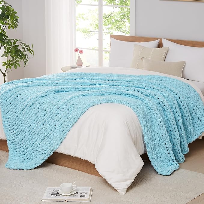 L'AGRATY Chunky Knit Blanket Throw: 72''x84'' Chenille Chunky Knitted Throw Blankets for Bed Couch - Handmade Thick Big Cable Knit Blanket - Large Crochet Blankets for Home Decor(Light Blue)