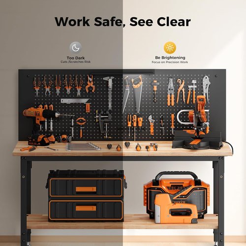 CAMMOO 60" Adjustable Height Work Bench - Heavy Duty Rubberwood Tabletop with Storage Shelf & LED Light