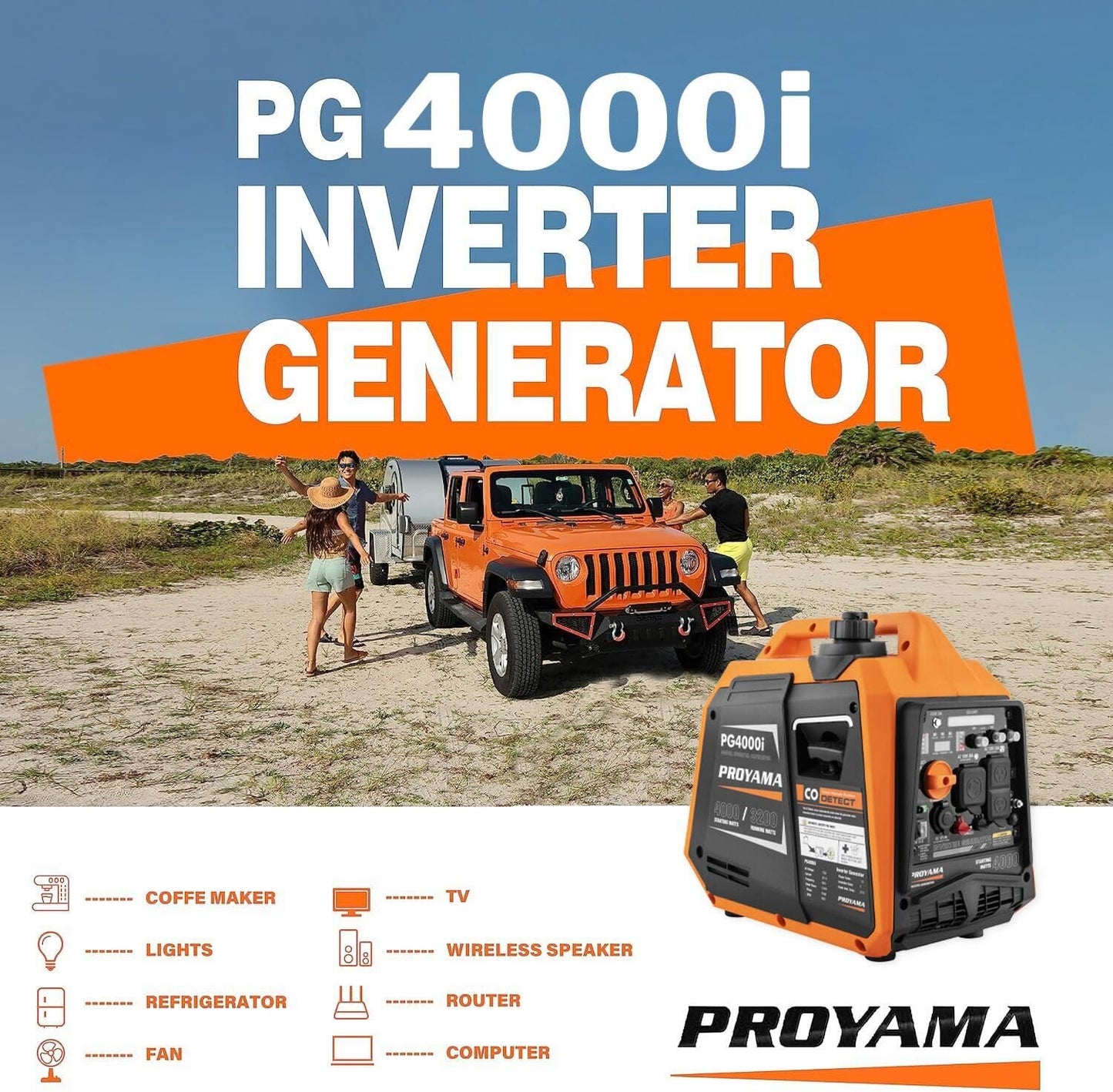 PROYAMA 4000W Portable Gas Inverter Generator, CO Sensor, Digital Interface, RV - Ready, LED Light, ECO - Mode, Parallel Capable, Low Oil Shutoff, Super Quiet and Lightweight with Weatherproof Cover