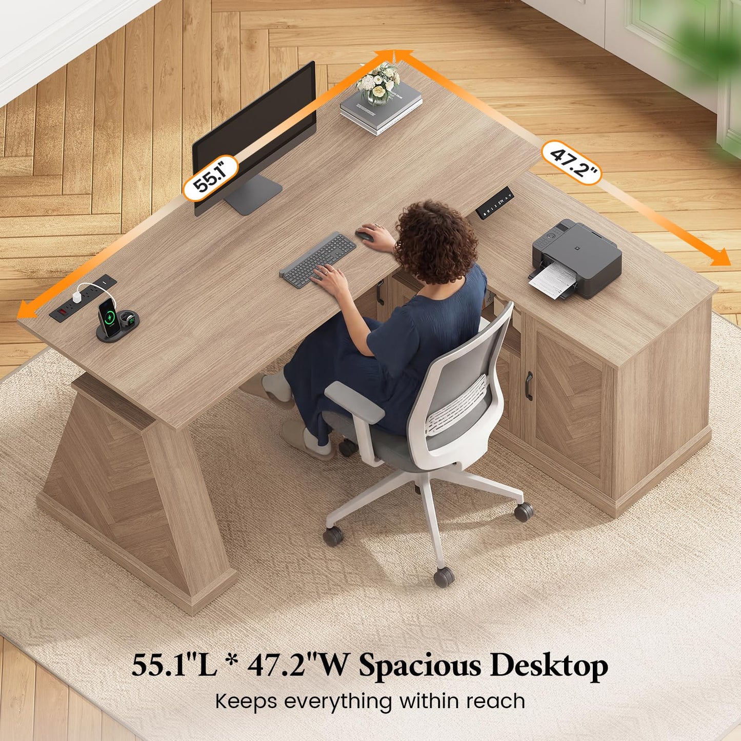 Farmhouse L Shaped Electric Standing Desk with Power Outlet & 2 Storage Cabinets, 55.1" x 47.2" Height Adjustable Office Executive Desk with File Drawer & Shelf, Large Business Computer Desks, Natural