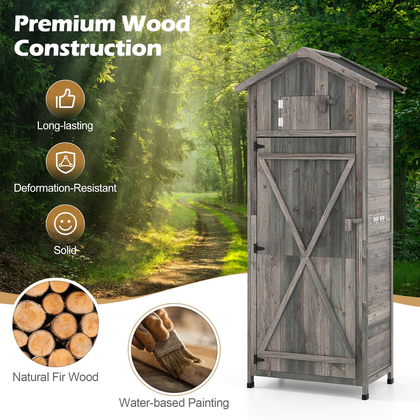Goplus All-in-One Storage Shed, 70" Tall Wooden Lockable Cabinet w/Foldable Work Table, Vertical Utility Tool Organizer w/Shelves & Hooks, Waterproof Garden Shed for Patio Backyard (Gray)
